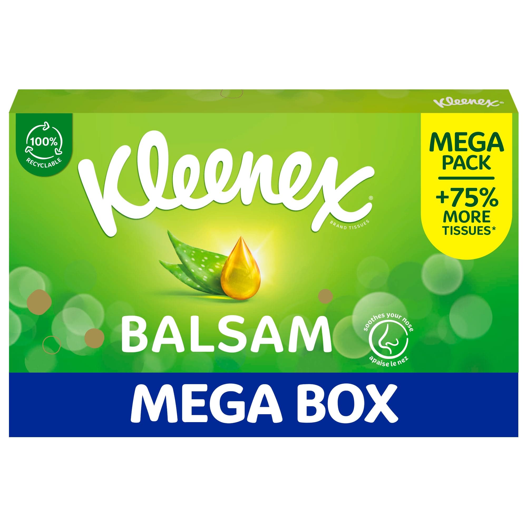 Kleenex® Balsam Tissues, Mega Pack - 112 Sheets - Balm Tissues Protect and Soothe Your Nose When You've Got a Cold - with Aloe Vera, Vitamin E and Calendula