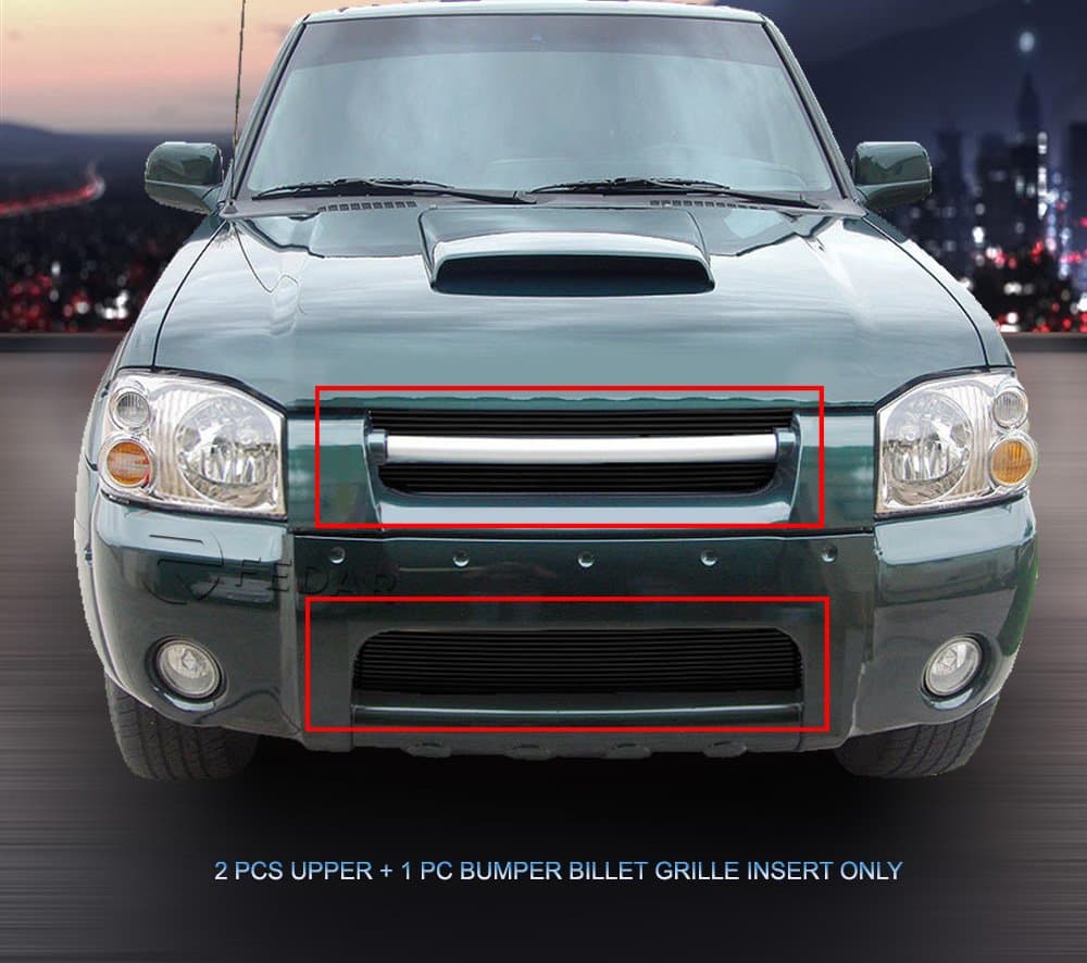 Fedar Compatible With 01-04 Nissan Frontier Replacement Combo Billet Grille Grill 3-pcs Set-Black #320161162
