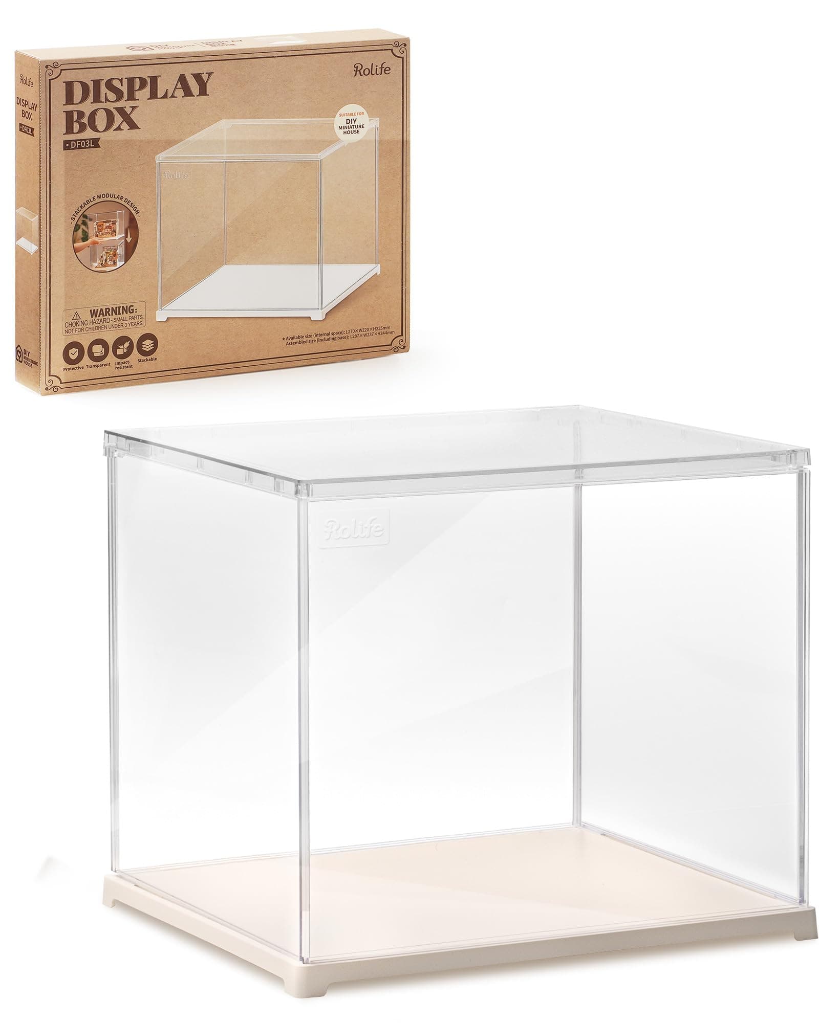Rolife Acrylic Display Case DF03L - Dustproof Display Box with Front Door, Internal Usable Space 10.63×8.66×8.86 Inches, Fits for Miniature House Blind Box Pop Figures Collectibles