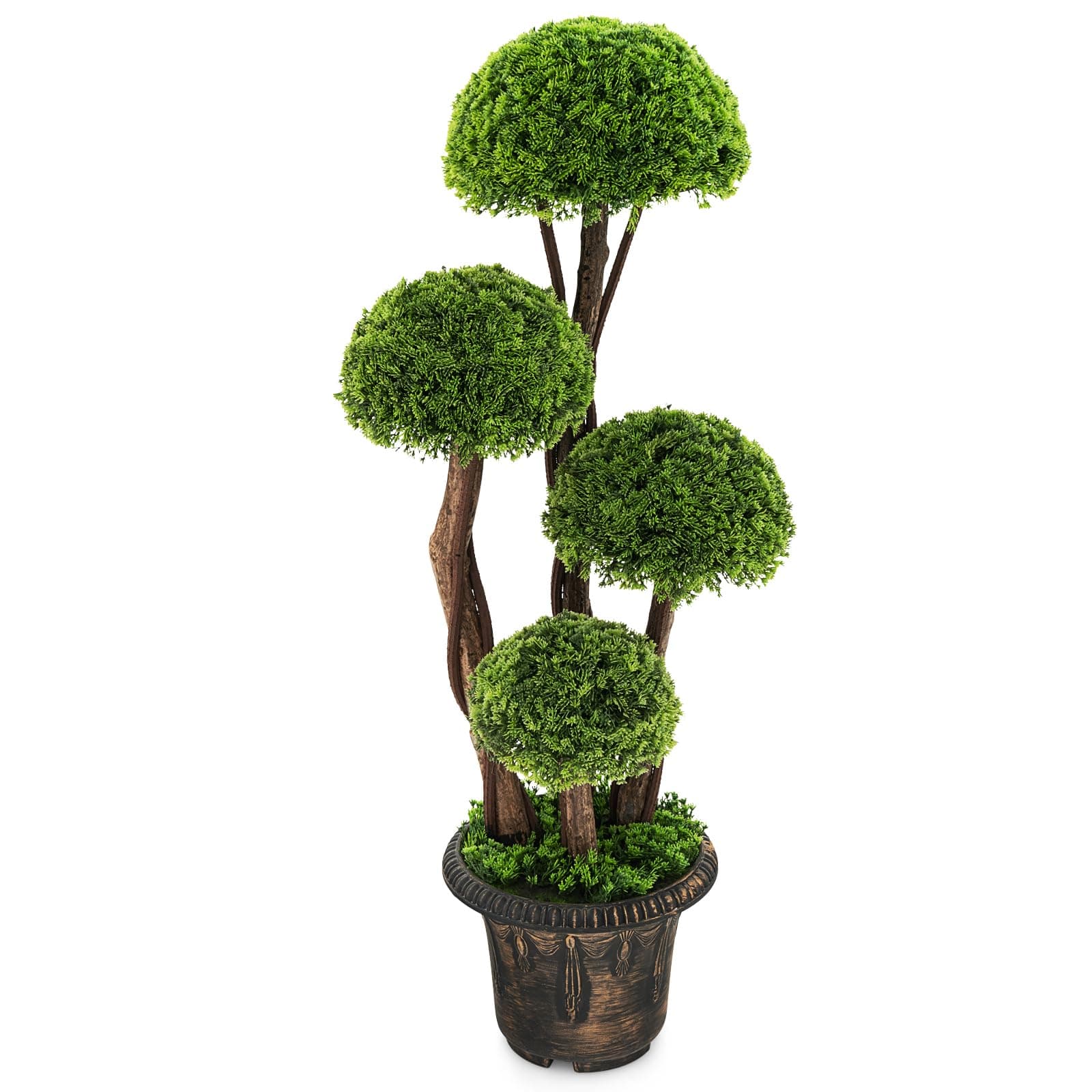 3ft. Artificial Cypress Topiary Tree, Ball Shaped Faux Cedar Trees w/Retro Cement Pot, 4 Boxwood Topiary Balls, Outdoor Plants Artificial for Porch, Foyer, Garden, Front Door