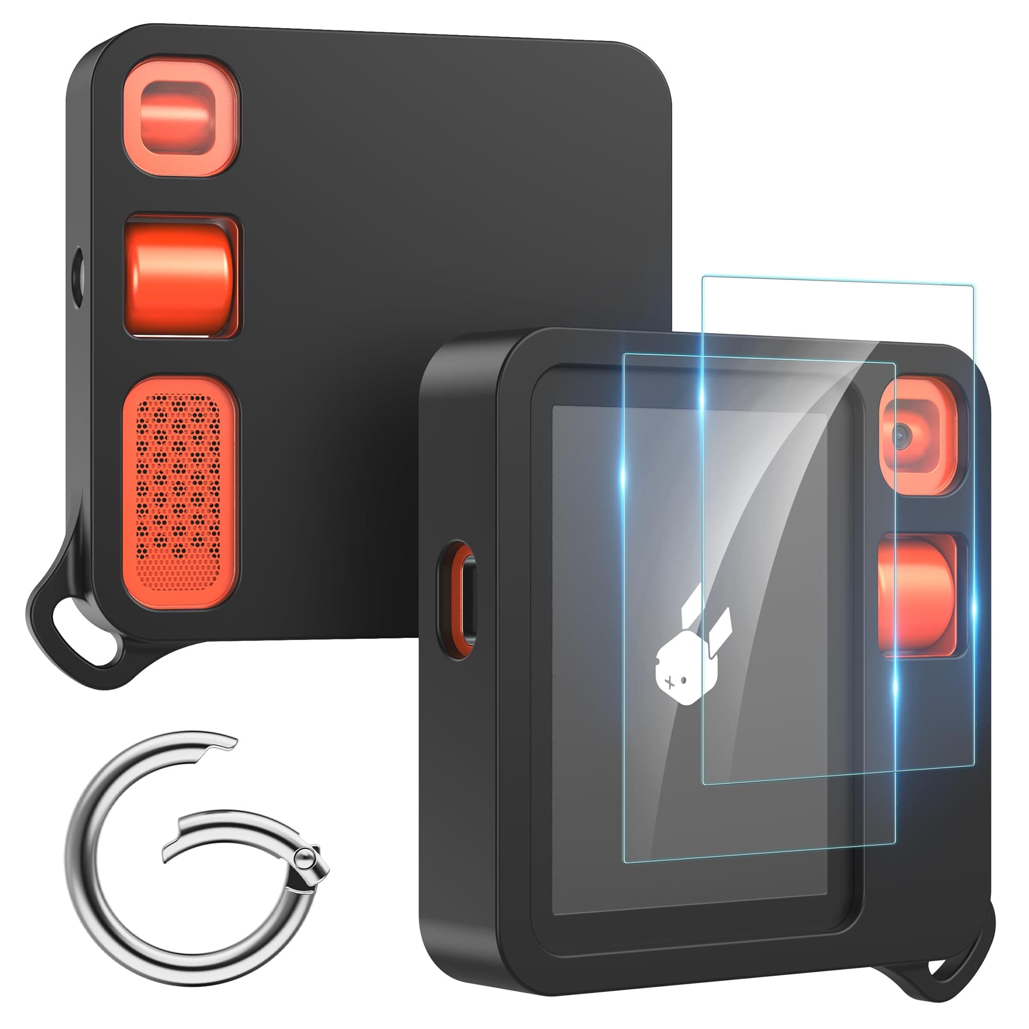 DDJ Case for Rabbit r1 with Spring Clip Keychain & 2 Pack HD Tempered Glass Screen Protector, Anti-Scratch, [Upgrade Liquid Shockproof Silicone Case] Slim Protective Cover for Rabbit R1 Black