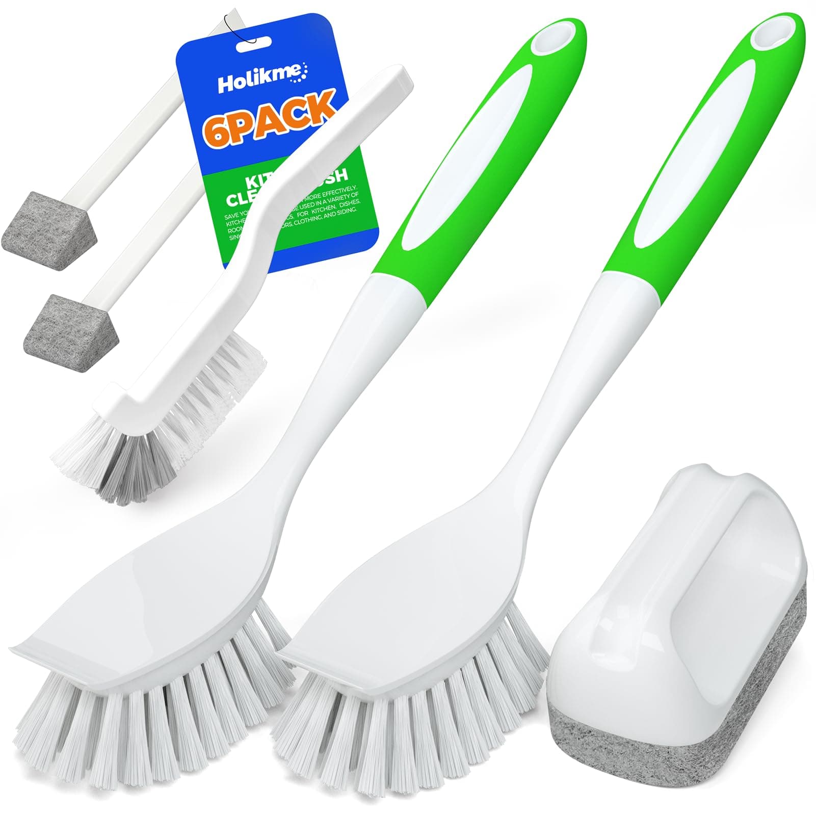 6 Pack Dish Brush with Handle Kitchen Cleaning Brush Set for Pot, Pan, Kitchen Sink (Green)