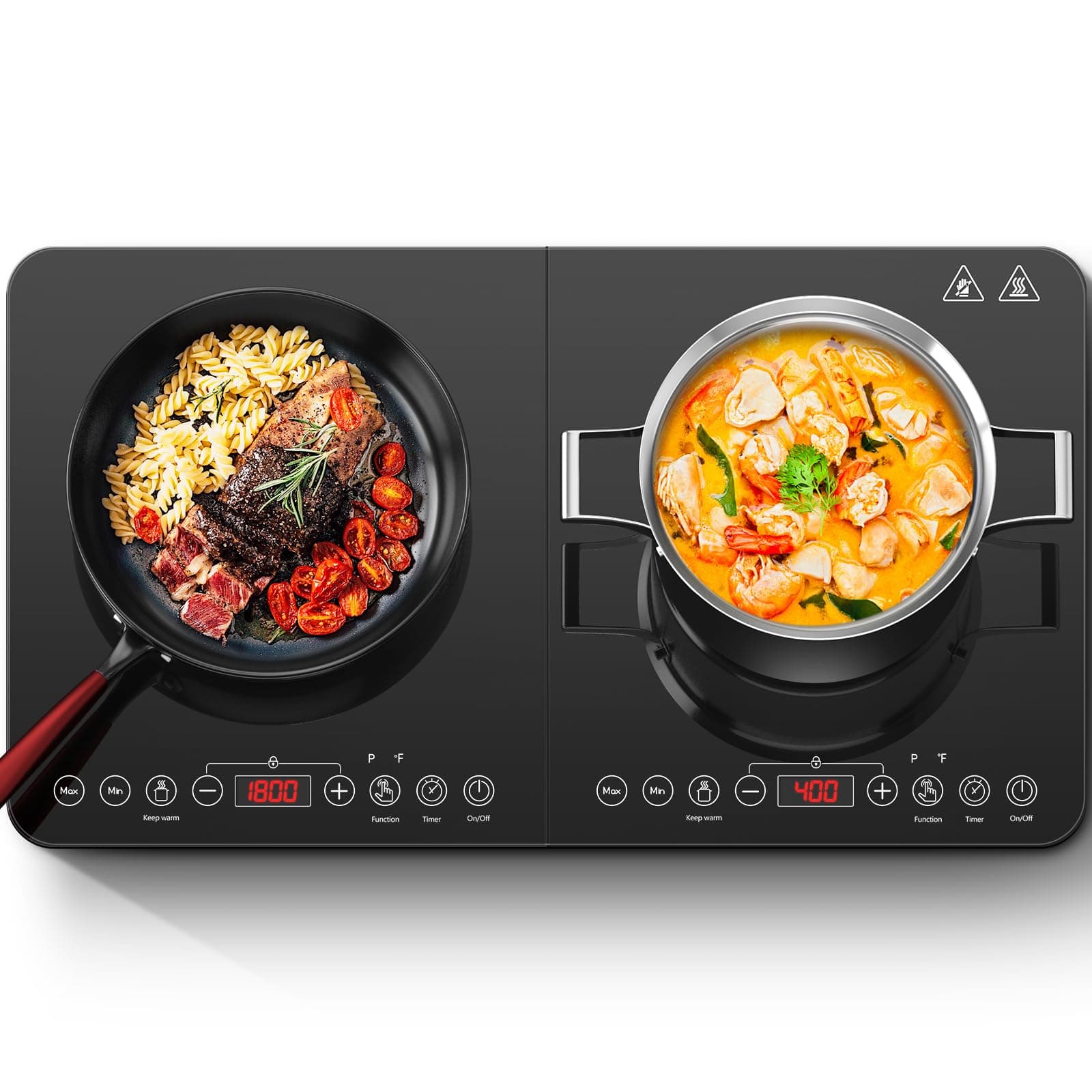 AAOBOSI Induction Cooker, Maximum and Min Available Buttons for Temperature and Power Available with Dual Induction Cooker, Black Glass Control Panel, 4H Timer, 2800W