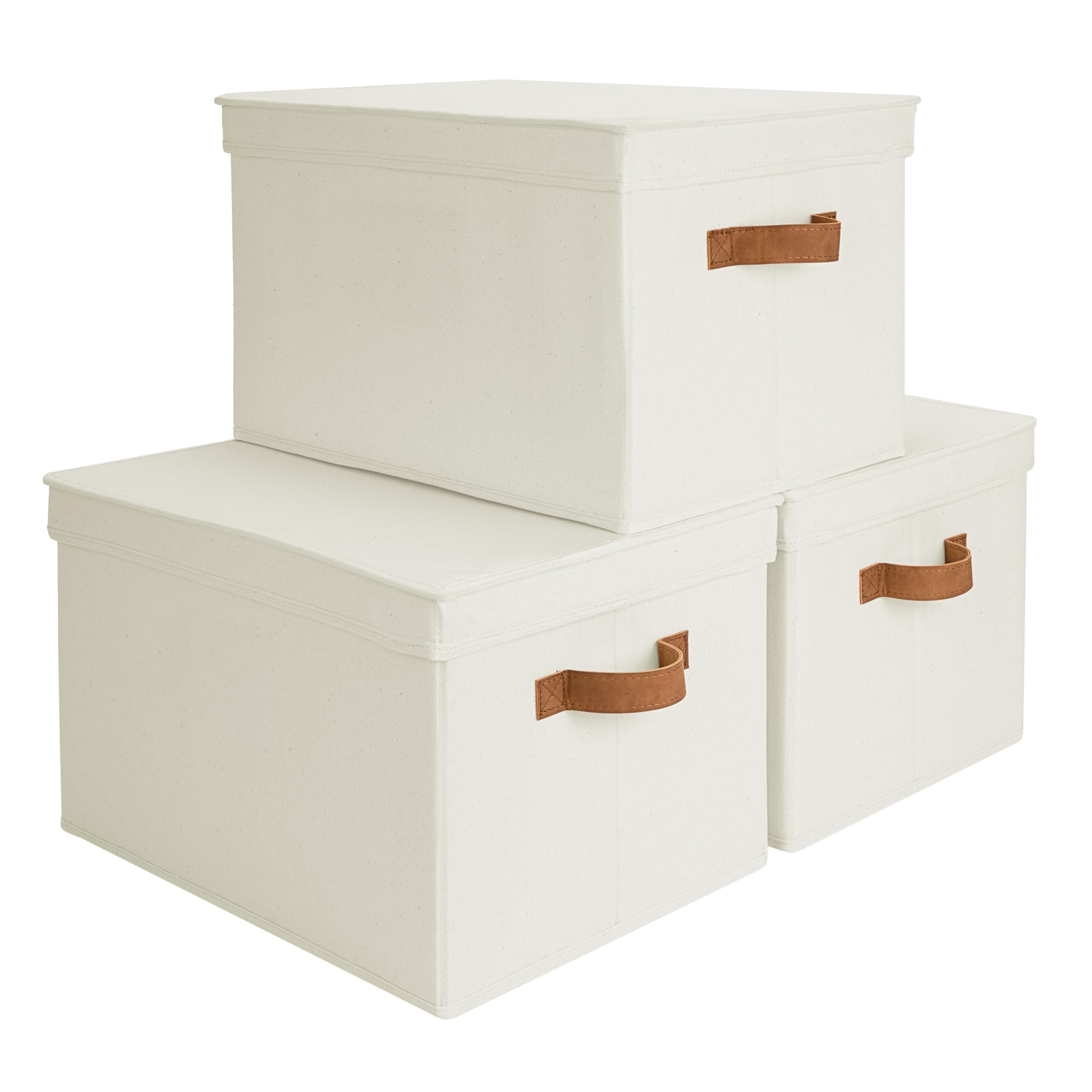 StorageWorks Storage Bins with Lids, Decorative Storage Boxes with Lid and PU Handles, Foldable Storage Baskets for Closet, Shelves, Stackable, Ivory, Jumbo, 3-Pack