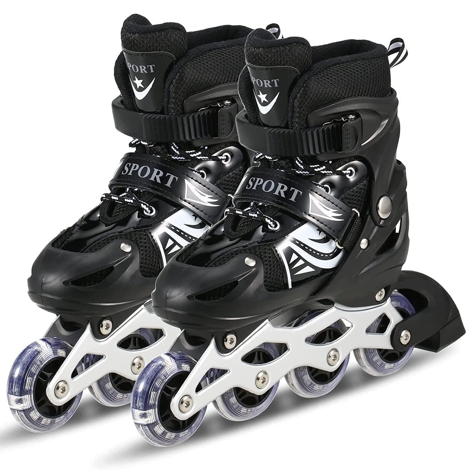 JINU New Inline Skates, Adjustable Inline Roller Skates for Boys Kids&Girls, Skating Shoes for Kids 6-12 Outdoor Skating Shoes Roller Blades with Led Flash Lights Featuring Wheels for Skates Black
