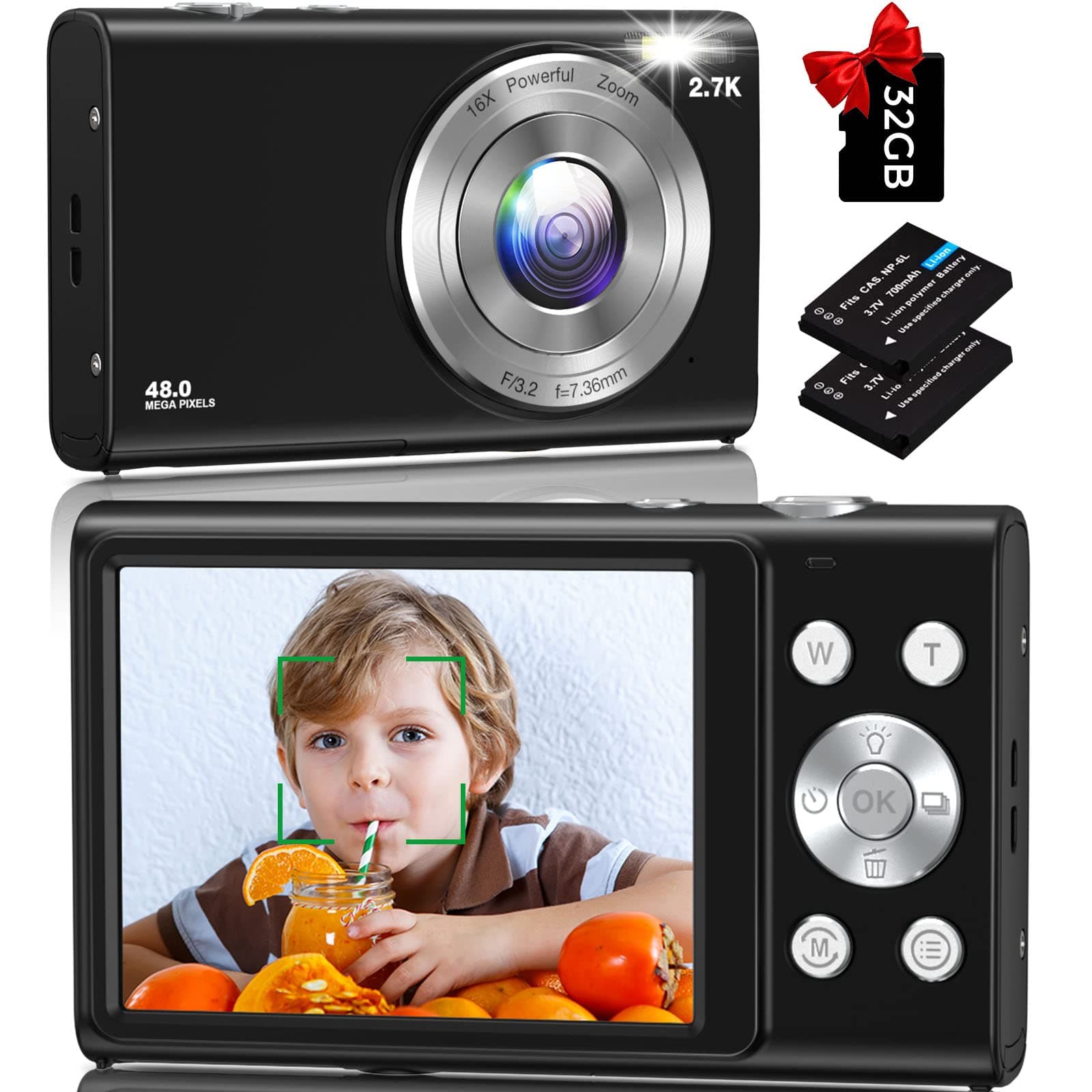 nezini Digital Camera, Autofocus Digital Camera HD 2.7K 48MP with 2.8" Large Screen, 16X Digital Zoom, Portable Mini Camera for Photography, Vlogging Camera for Kids,Beginnersï¼ˆBlackï¼‰