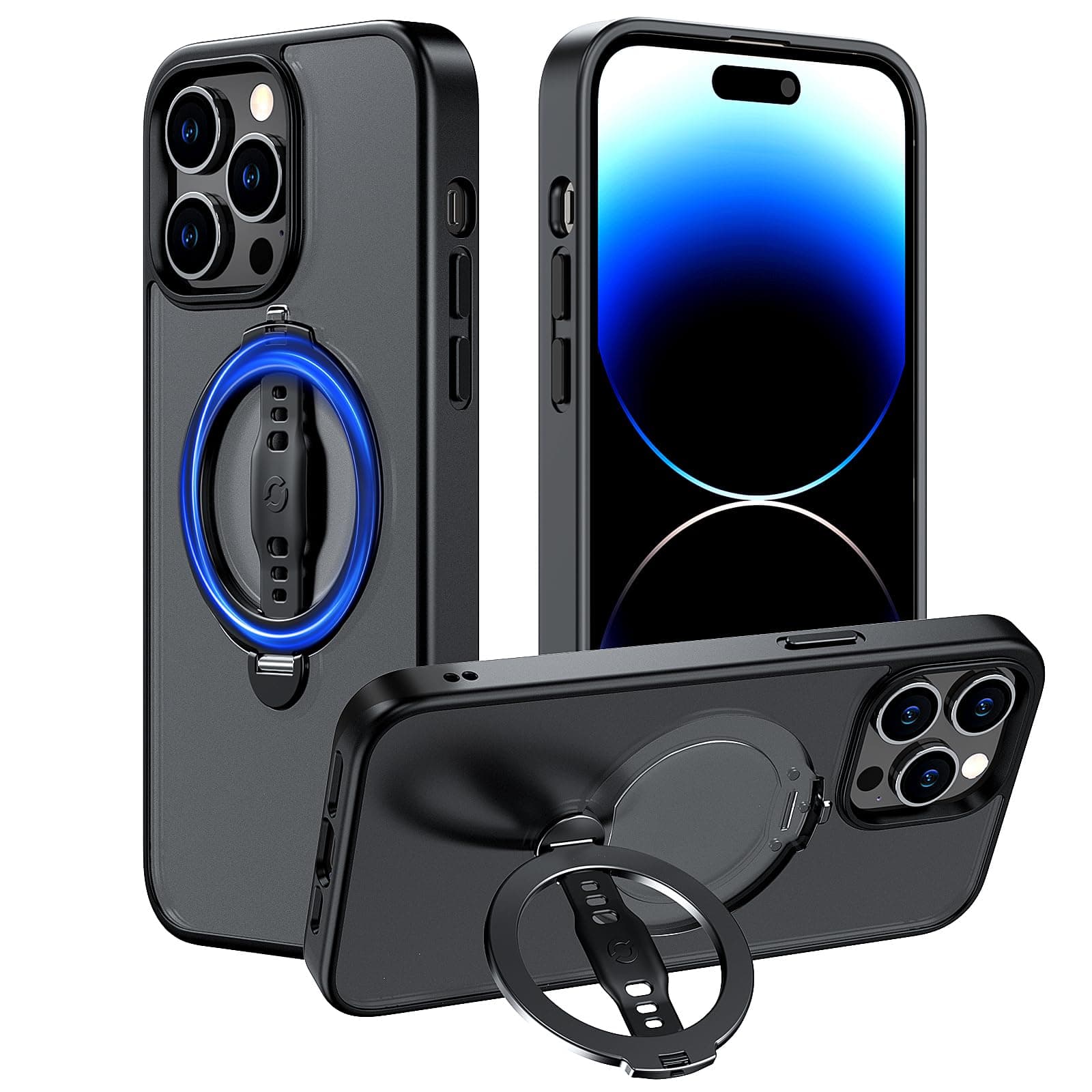 EWADesigned for iPhone 14 Pro Max Case Compatible with MagSafe, MagOne Case with Stand, Ring Holder Strap Grip, Shockproof Protection (Matt Black)