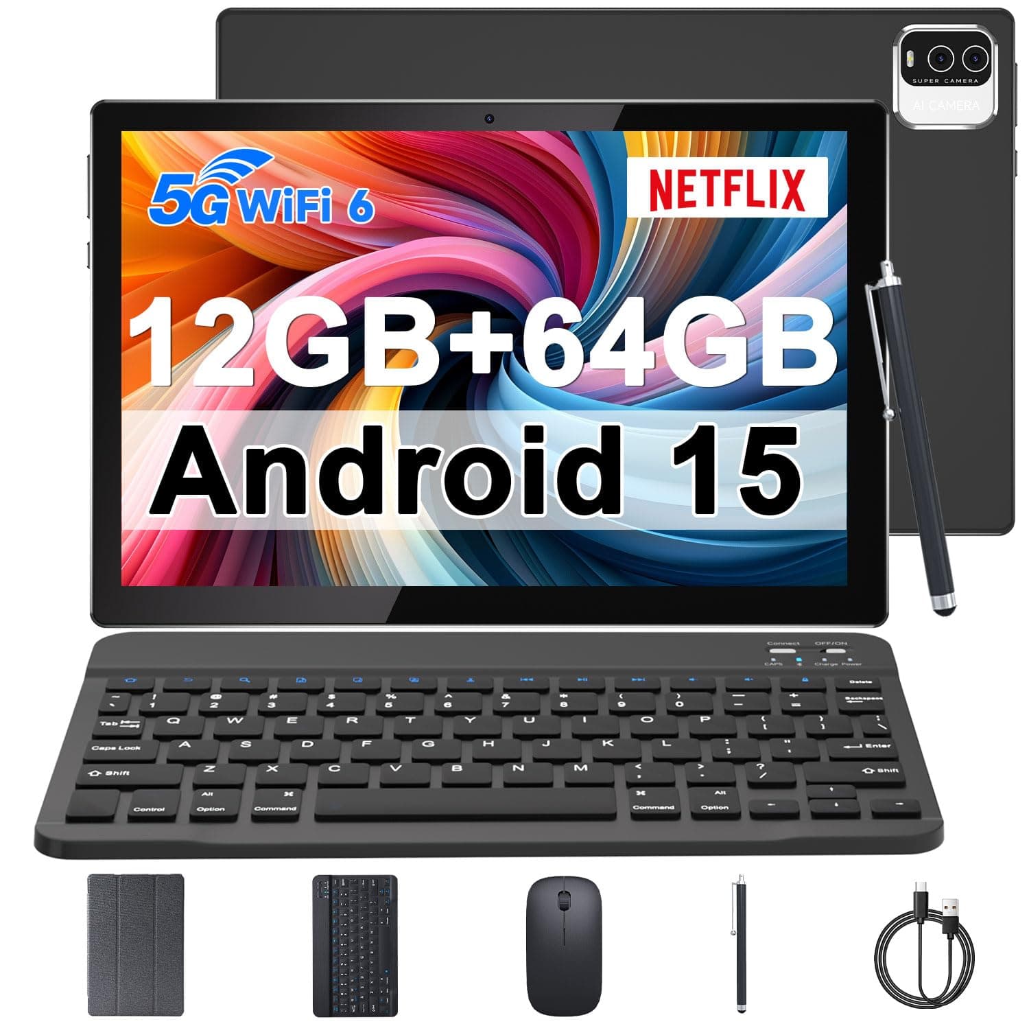 IWEGGO Android 15 Tablet, 10 Inch 12GB RAM+64GB ROM Tablets with Keyboard Mouse Case Stylus, 1.8Ghz Quad-core Processor, 8MP Camera, 6000mAh Battery, 1280*800 IPS HD Touchscreen, 5G WiFi6 Tablet Black