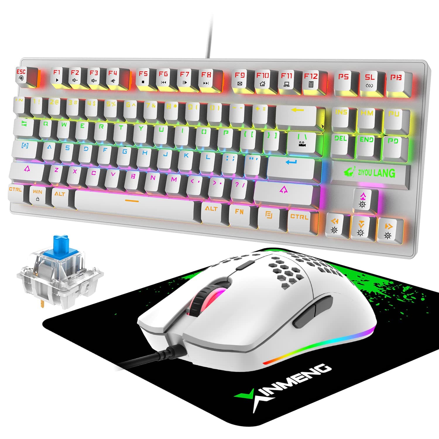 Gaming Keyboard & Mouse, RGB Backlit Keys, with Fastest Linear Opto-Mechanical Switches, Dedicated Multi-Media Keys, 87-Keys Keyboard, 6400dpi Programmable Gaming Mouse, Mice Pad, QWERTY Layout White