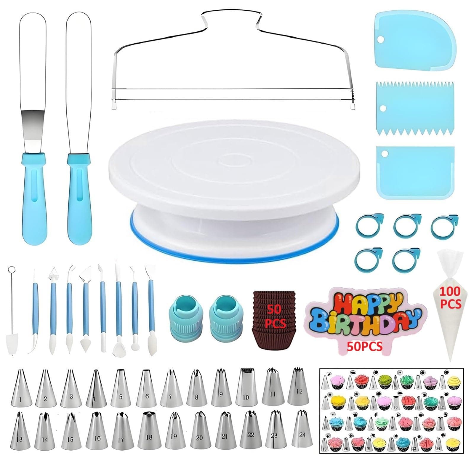 YOQXHY 248 Pcs Cake Decorating Kit,Baking Supplies Tools with Cake Turntable,Leveler,24 Numbered Icing Tips,2 Spatulas,3 Scrapers,8 Carved Pens,50 Cupcake Liners,100 Pastry Bags & More, (Blue)