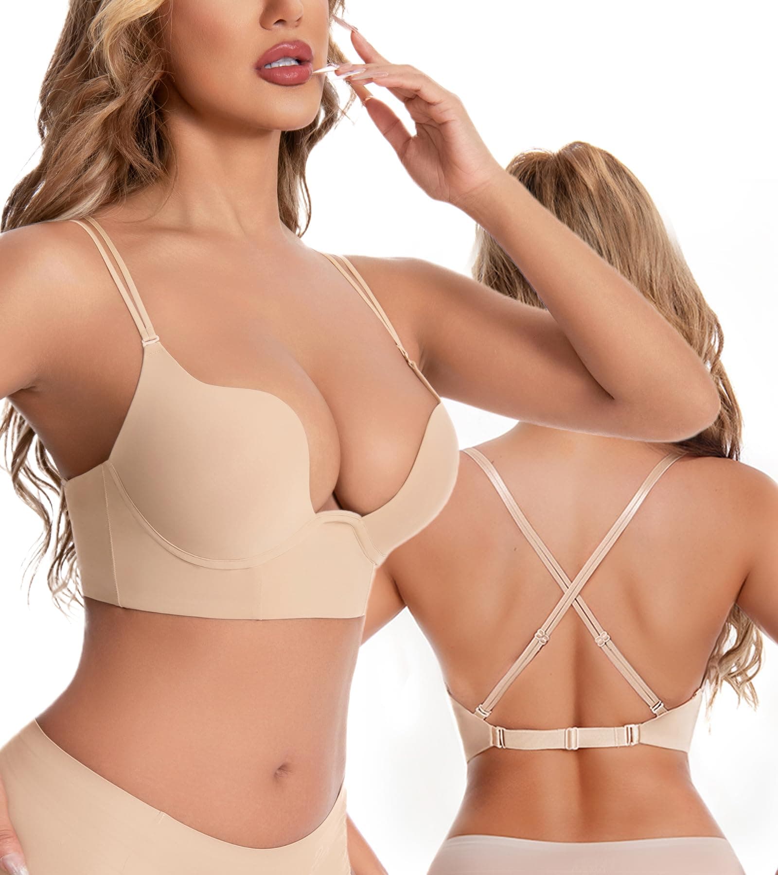 HACI Backless Bra Plunge U Neckline Deep V Push Up Padded Low Cut for Support