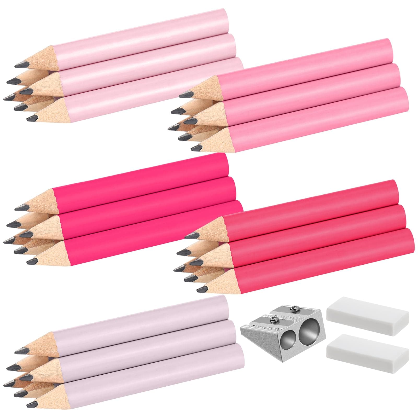 Marspark 30 Pieces Short Triangular Fat Pencils Bulk Back to School Wooden Triangular Jumbo Pencils for Preschoolers, Kids, Toddlers & Beginners with Pencil Sharpener and 2 Erasers(Pink Colors)