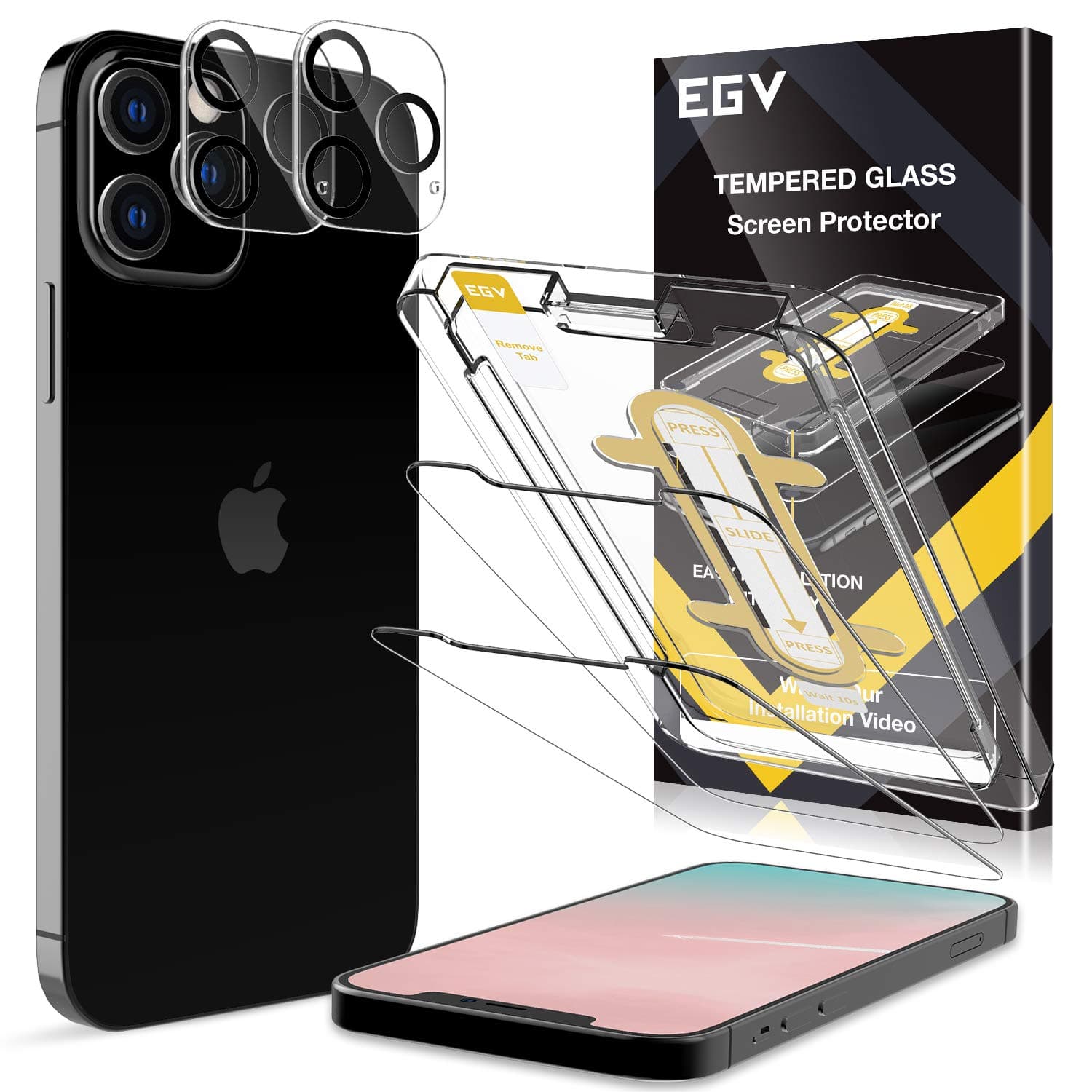EGV [4 Pack Screen Protector compatible with iPhone 12 Pro Max (6.7"), [2 Tempered Glass + 2 Camera Lens Protector], HD Ultra-Thin, Anti-Scratch, Bubbles-Free [Easy Installation Tray]