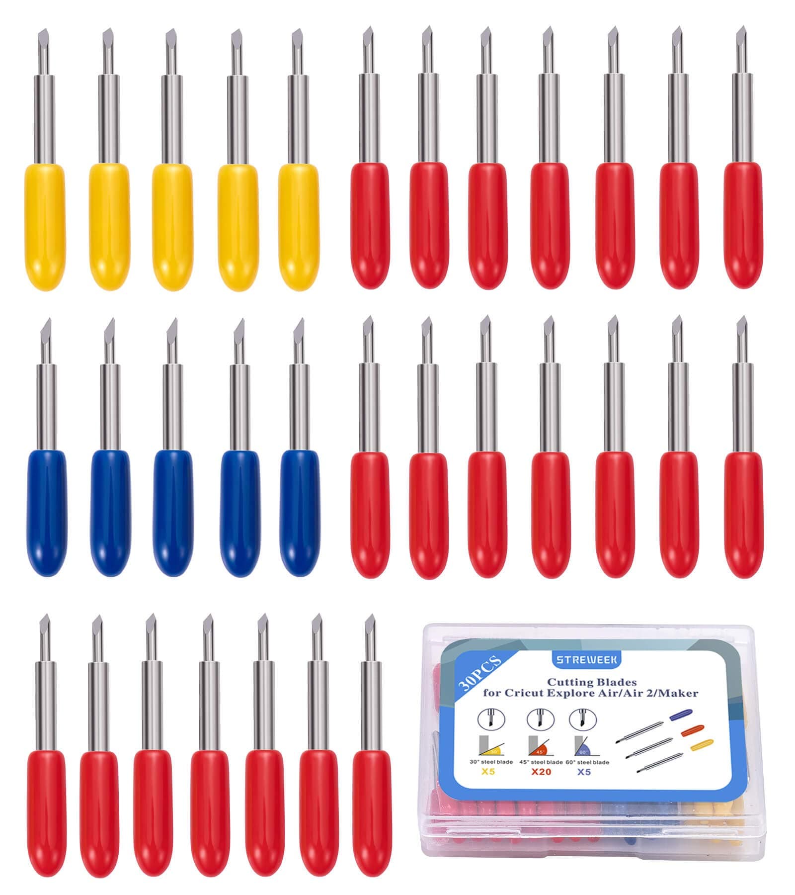 30PCS Fine Point Blades,STREWEEK Cutting Blades for Cricut Explore Air 2/Air 3/ Maker 3 Expression, including 5PCS 30°shallow blades, 20PCS 45°standard blades and 5PCS 60°deep cutting blades