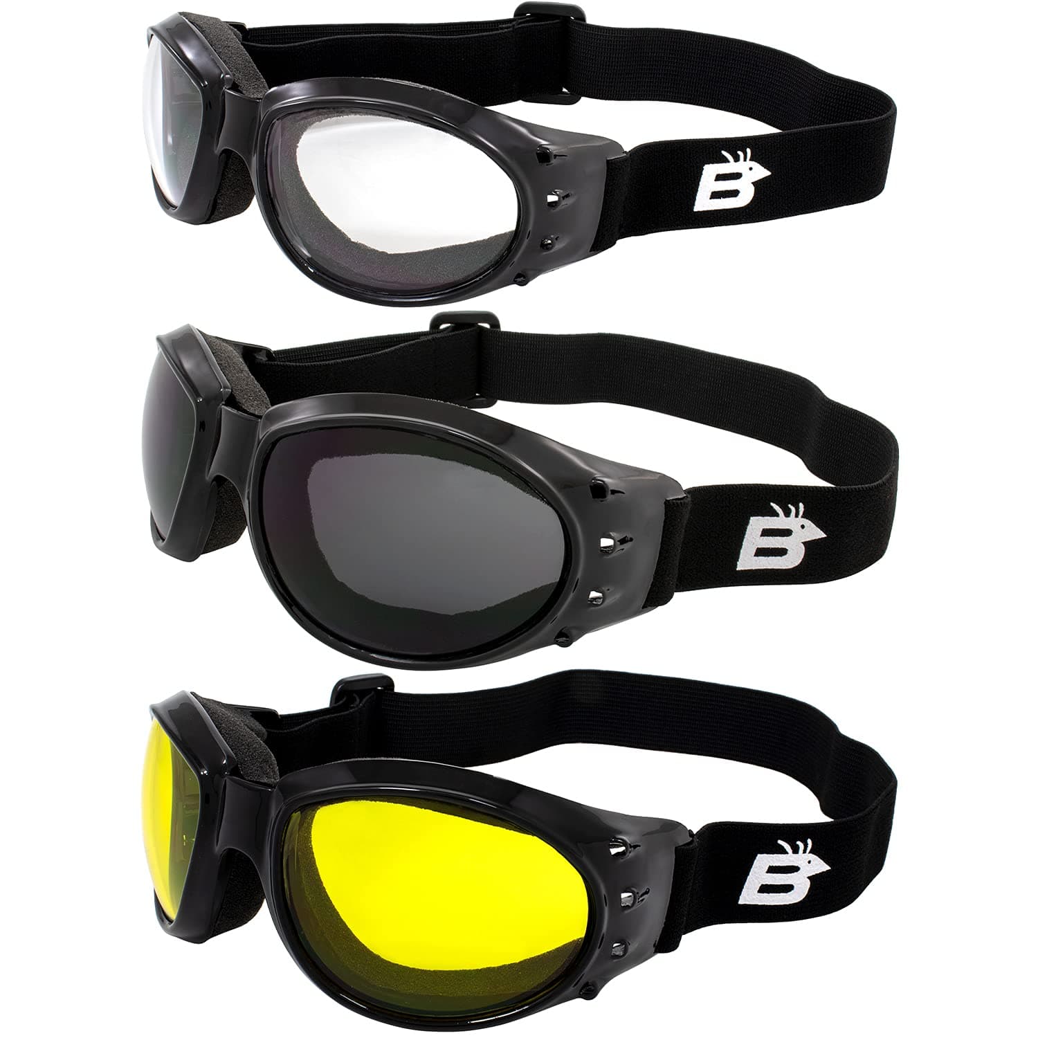 Eyewear Eagle Padded Motorcycle Goggles - 3 Pairs with Black Frames and Clear, Smoke, and Yellow Lenses for Day and Night Riding Comfort in All Weather Conditions