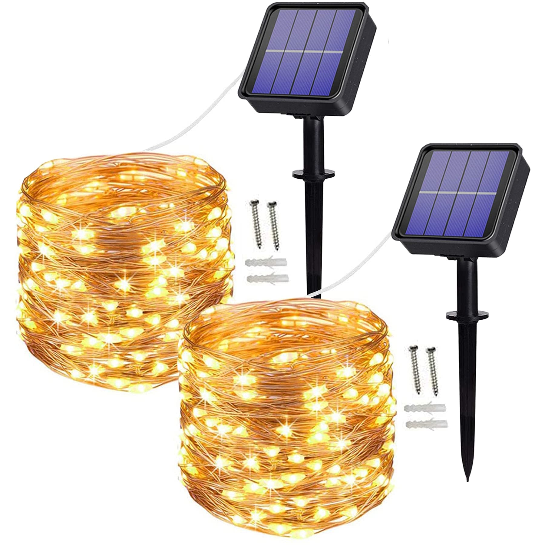[2 Pack Solar String Lights, 100 LED 10M/32Ft 8 Modes Solar Fairy Lights Waterproof Outdoor/Indoor Garden Lights Copper Wire Lighting for Wedding, Patio, Yard, Festoon, Christmas (Warm White)