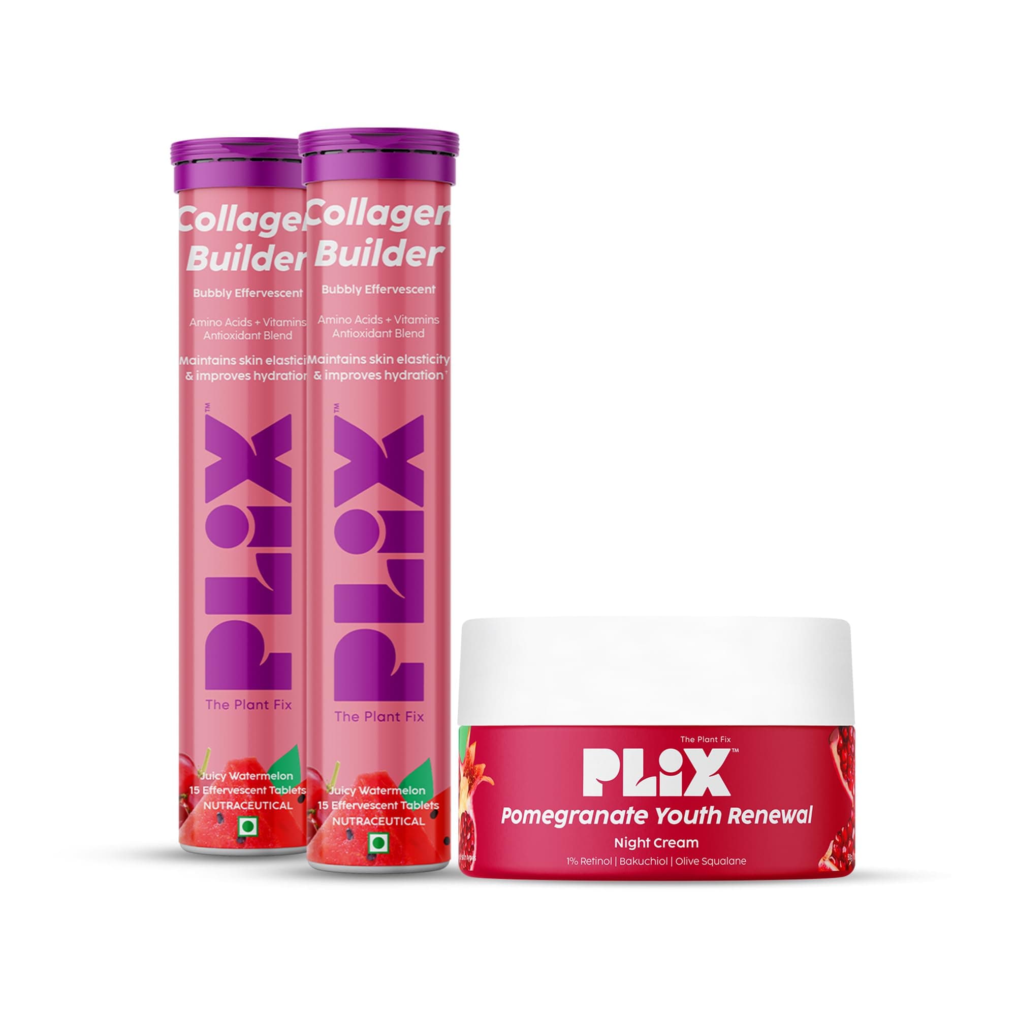 PLIX - THE PLANT FIX | Anti-Ageing Combo with Collagen Builder Bubbly Effervescent 30 Tablets & Pomegranate Youth Renewal Night Cream | For Improved Skin Elasticity & Reduced Wrinkles