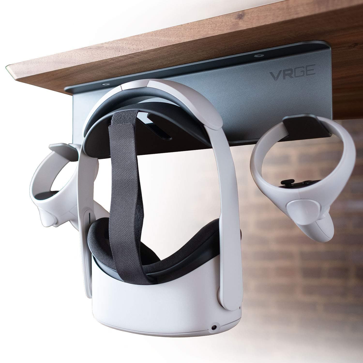 VRGE VR Stand Under Desk Storage Display Hook Organizer - Premium Metal - for Meta Oculus Quest 3/2, Sony PlayStation PS5 VR2, Valve Index and Mixed Reality Headsets