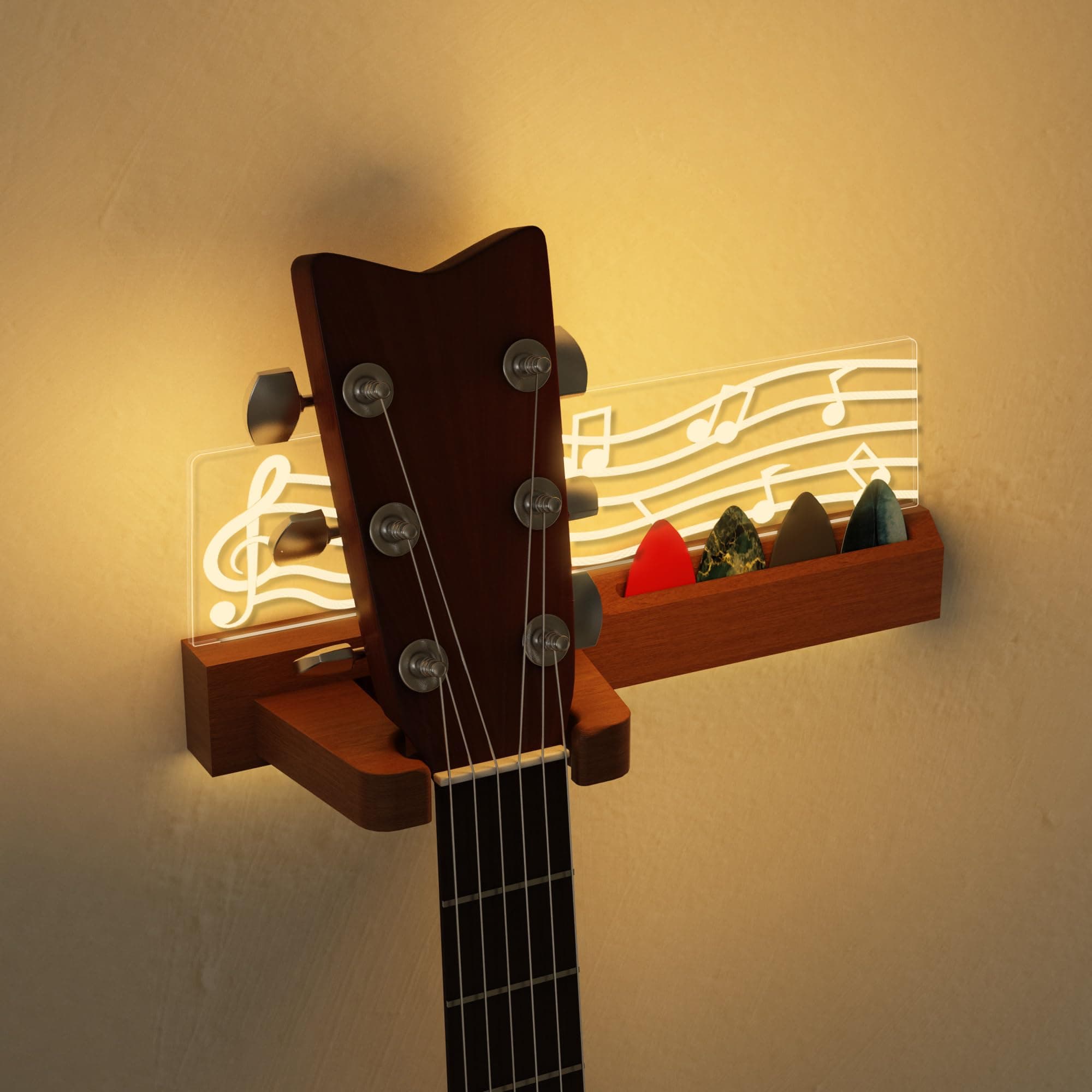 Light up Guitar Wall Mount, Musical Notes Design, Pick Holder with USB Powered, Premium Wood and Acrylic, for Acoustic Electric Bass Ukulele Violin, Gift for Guitar Players