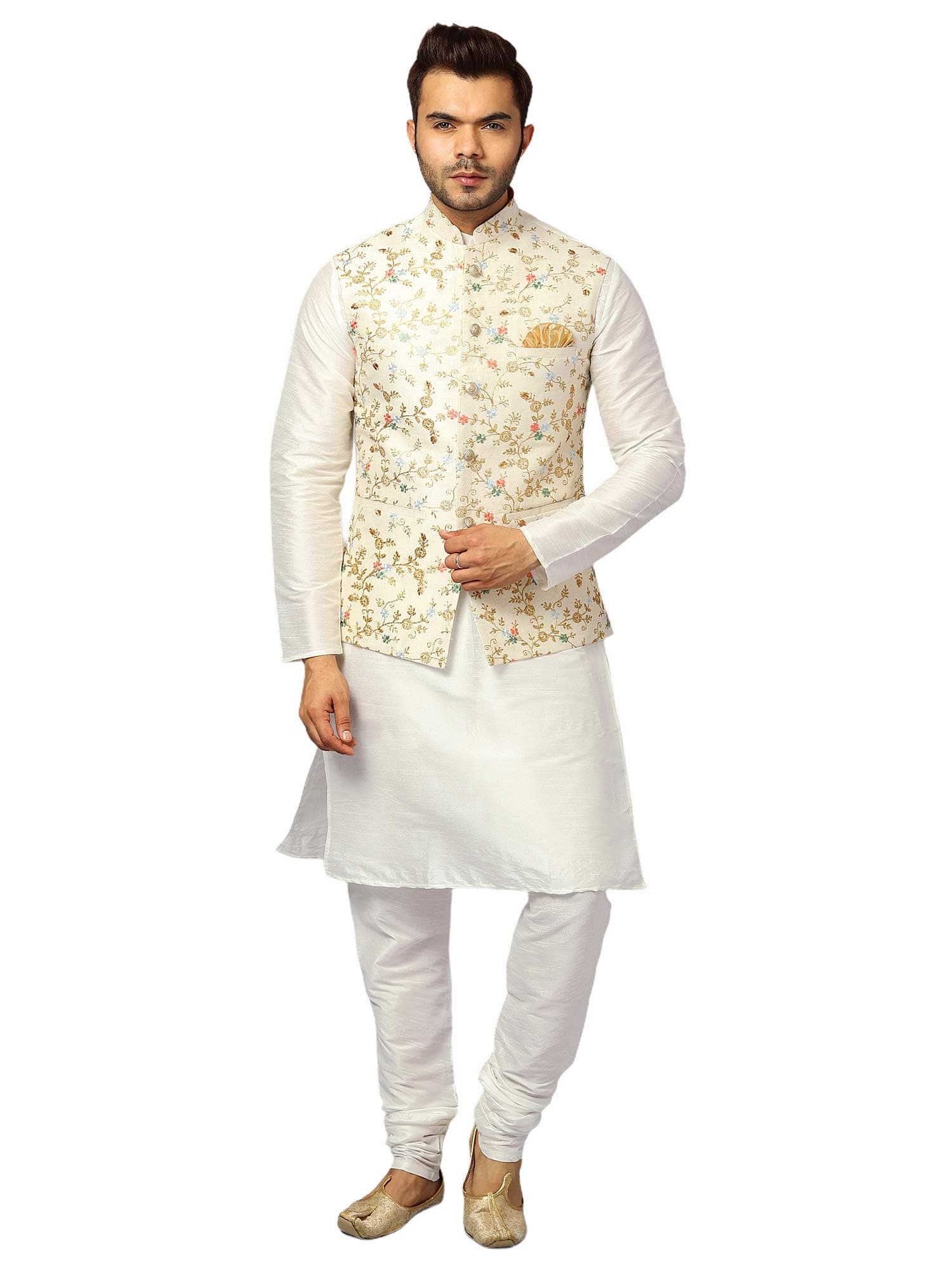 EthluxisMen's Silk Blend Kurta Jacket Set, White/Emb_9, 38
