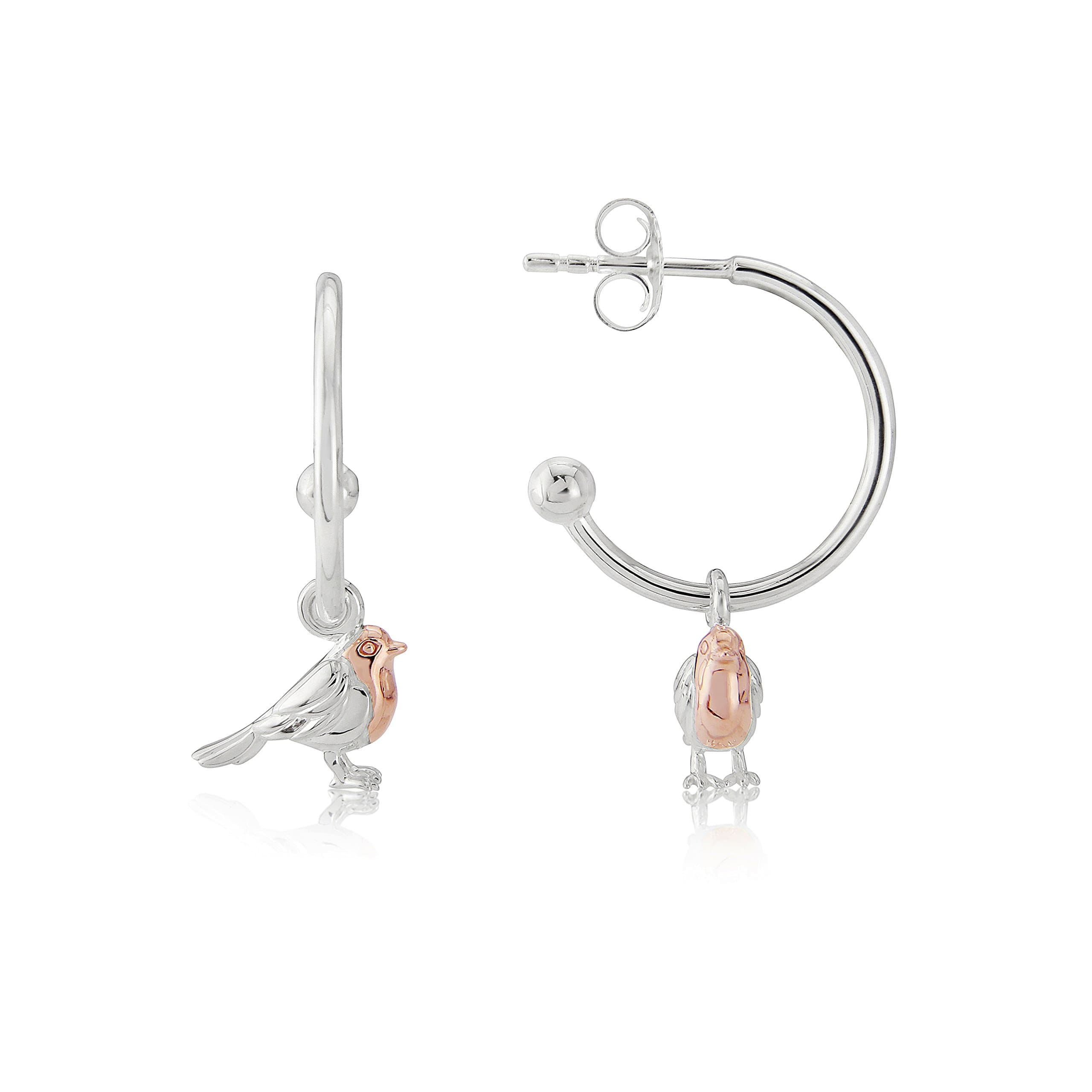 Solid 925 Sterling Silver Robin Bird Hoop Earrings with 14ct Rose Gold Breast
