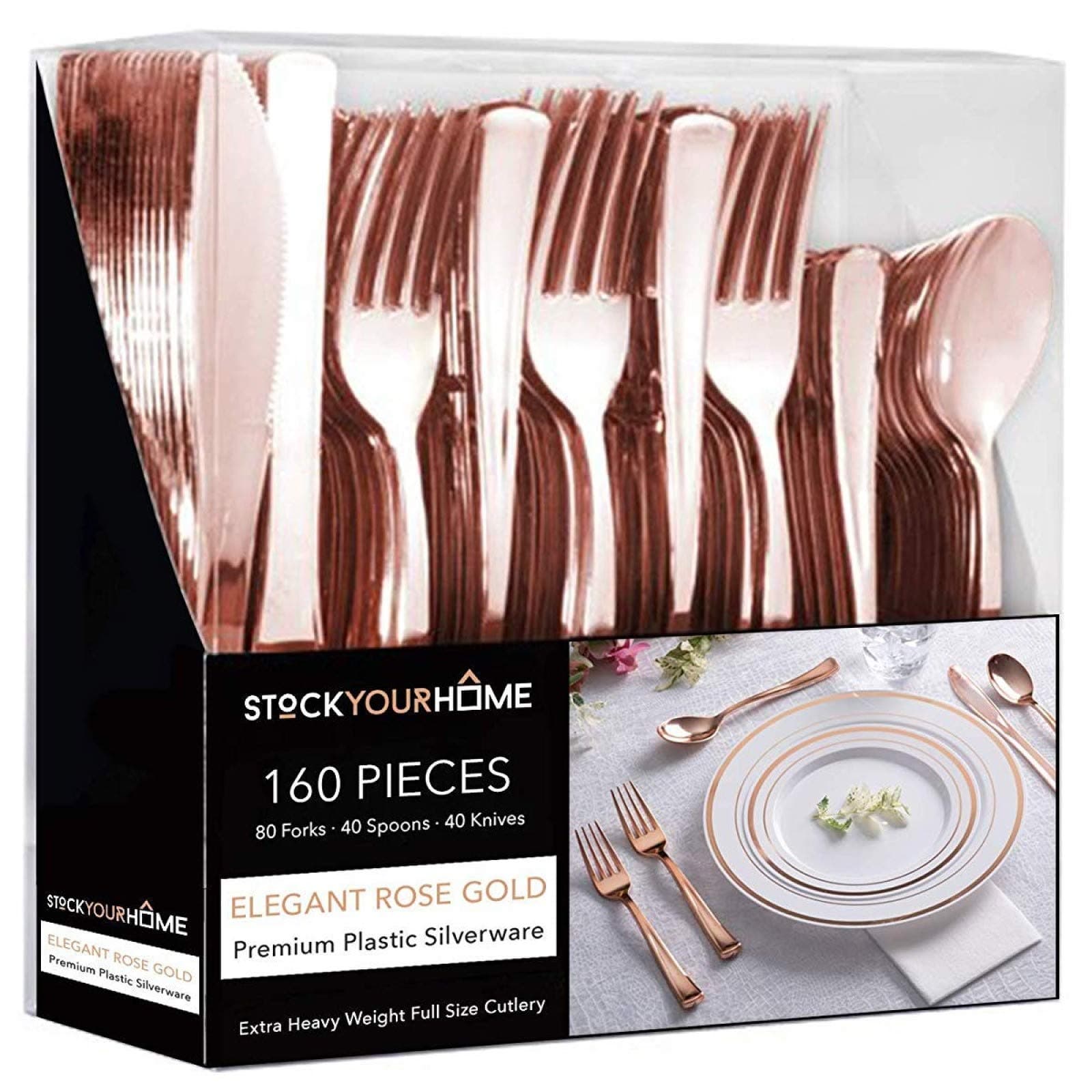 Rose Gold Plastic Silverware Set (160 Bulk Pack) Disposable Cutlery Utensils, 80 Forks, 40 Knives, 40 Spoons, Heavy Duty Rose Gold Flatware For Holidays, Parties, Dinners, Weddings, and Occasions