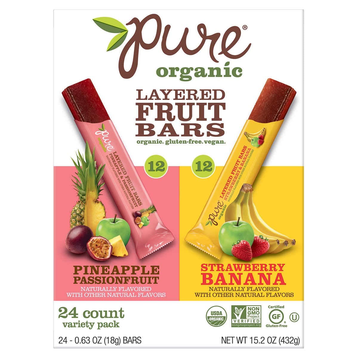 Pure Organic Layered Fruit Bars, Variety Pack, 0.63 oz, 24-count (2 Pack)