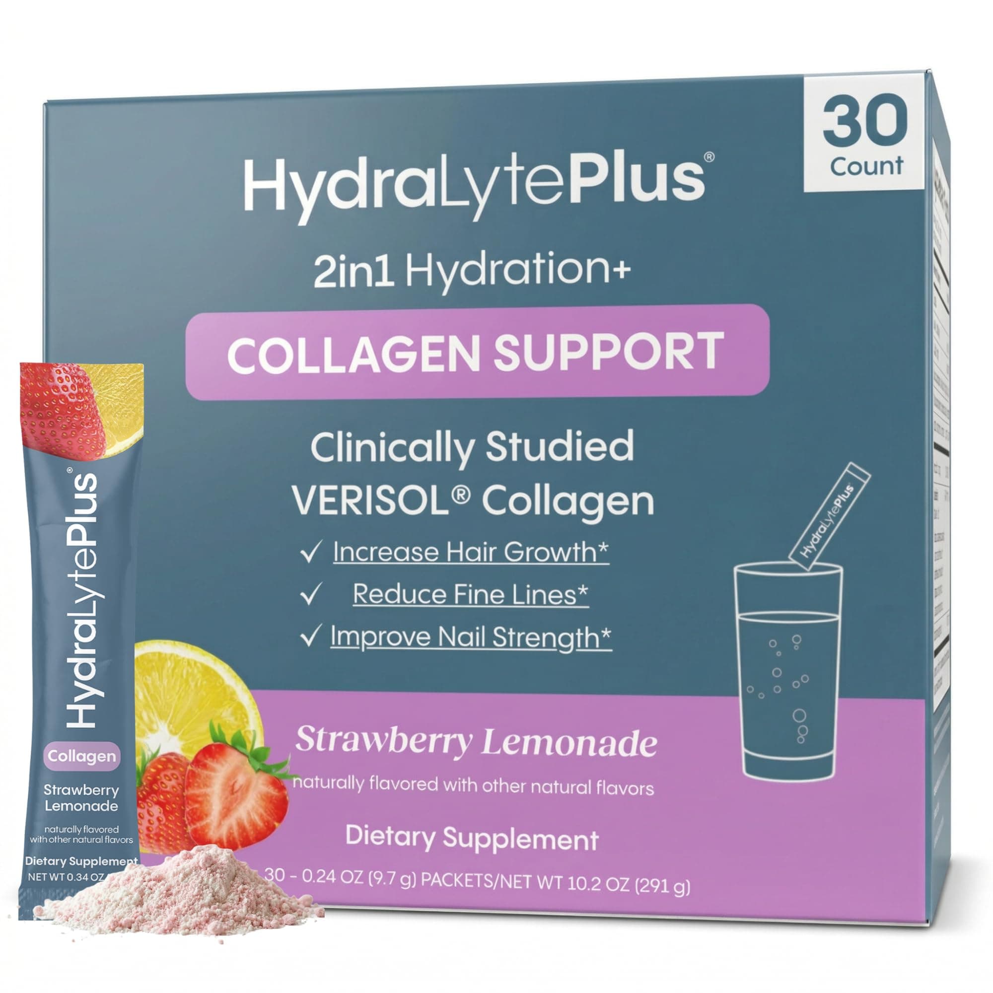 Hydralyte Verisol Collagen Packets with Electrolytes, Hydration Packets with Collagen for Women and Men, Electrolytes Powder with Collagen for Travel and Daily Hydration with Vitamin C (30 Count)