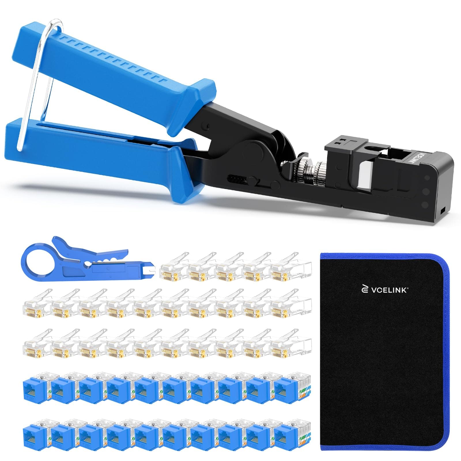 VCELINK Speed Termination Tool for VCE 90-Degree Keystone Jacks Punch Down Network Tool Kit with 20-Pack CAT6 Keystone Jacks UL-Listed Blue, 25-Pack RJ45 Connectors, 1-Pack Mini Wire Stripper