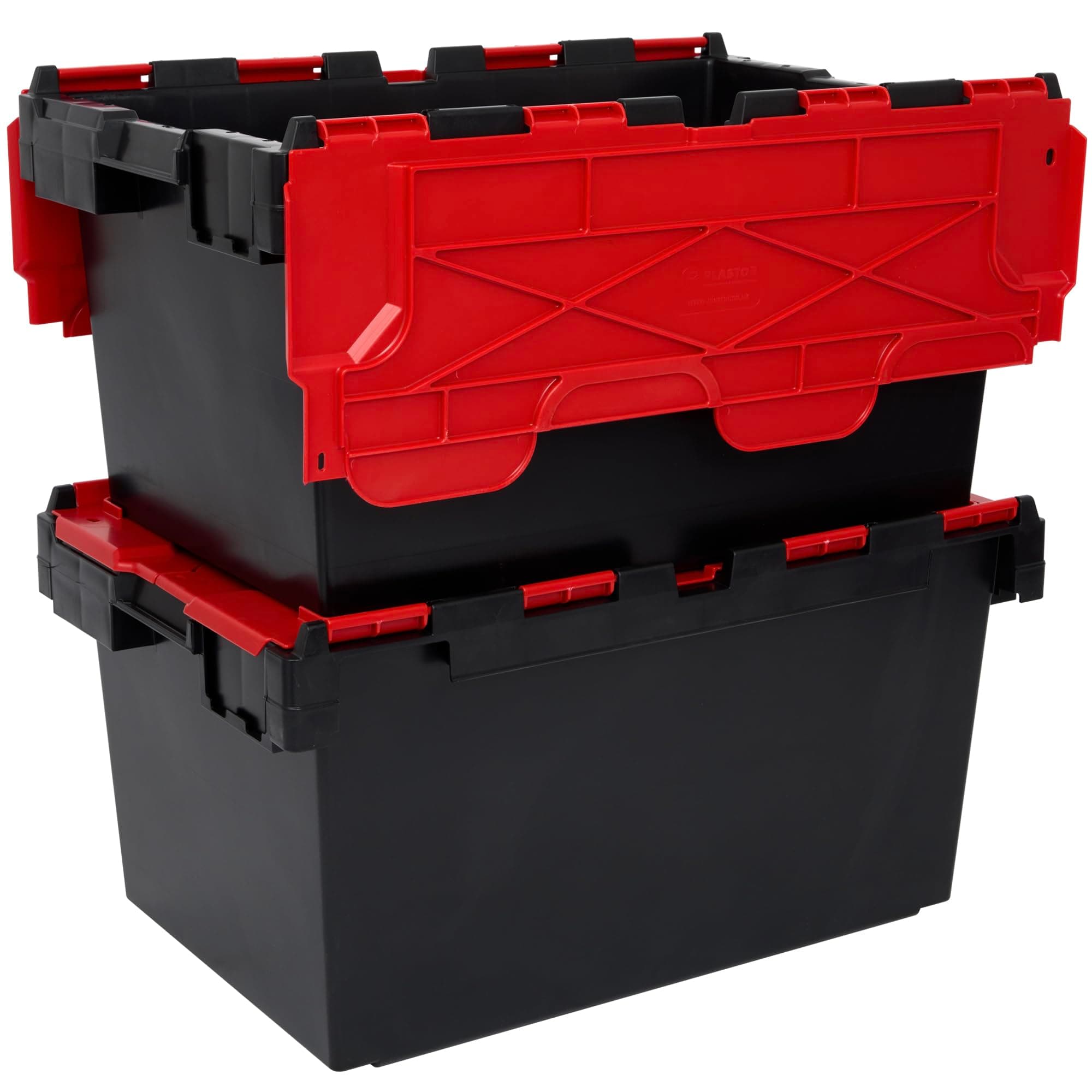 Plastor 2 x Large Plastic 80 Litre Heavy Duty Storage Boxes (71 x 46 x 36.8cm) Black and Red LC3 Crates with Attached Hinged Lids