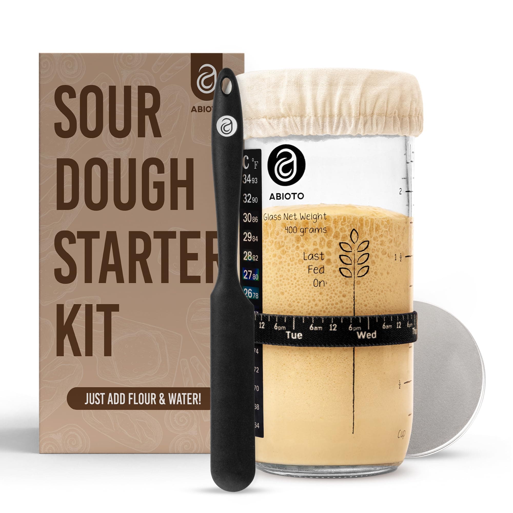 Sourdough Starter Kit, Includes 710 ml Sourdough Starter Jar with Metallic Lid, Silicone Spatula, Feeding Tracker, Extra Thermometer Strips & Breathable Covers – A Perfect Sourdough Bread Starter Kit