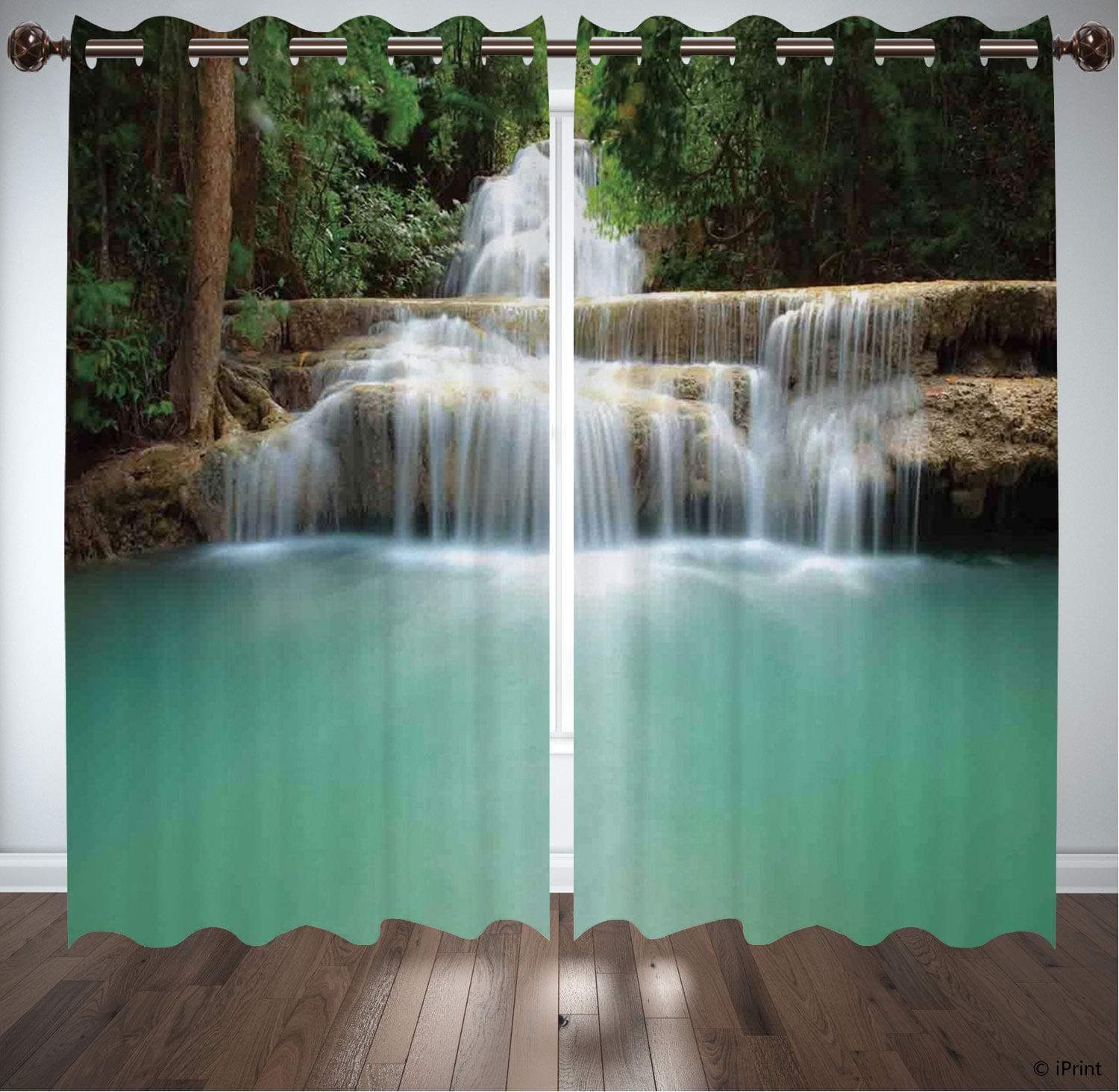№06921 Window Curtains 63 Inch Length / Waterfall,Falling Stream Waterfall Natural Pond Thailand Vacation Theme Print,Almond Green Brown White / Living Room Bedroom Window Drapes 2 Panel Set, 108" X 6