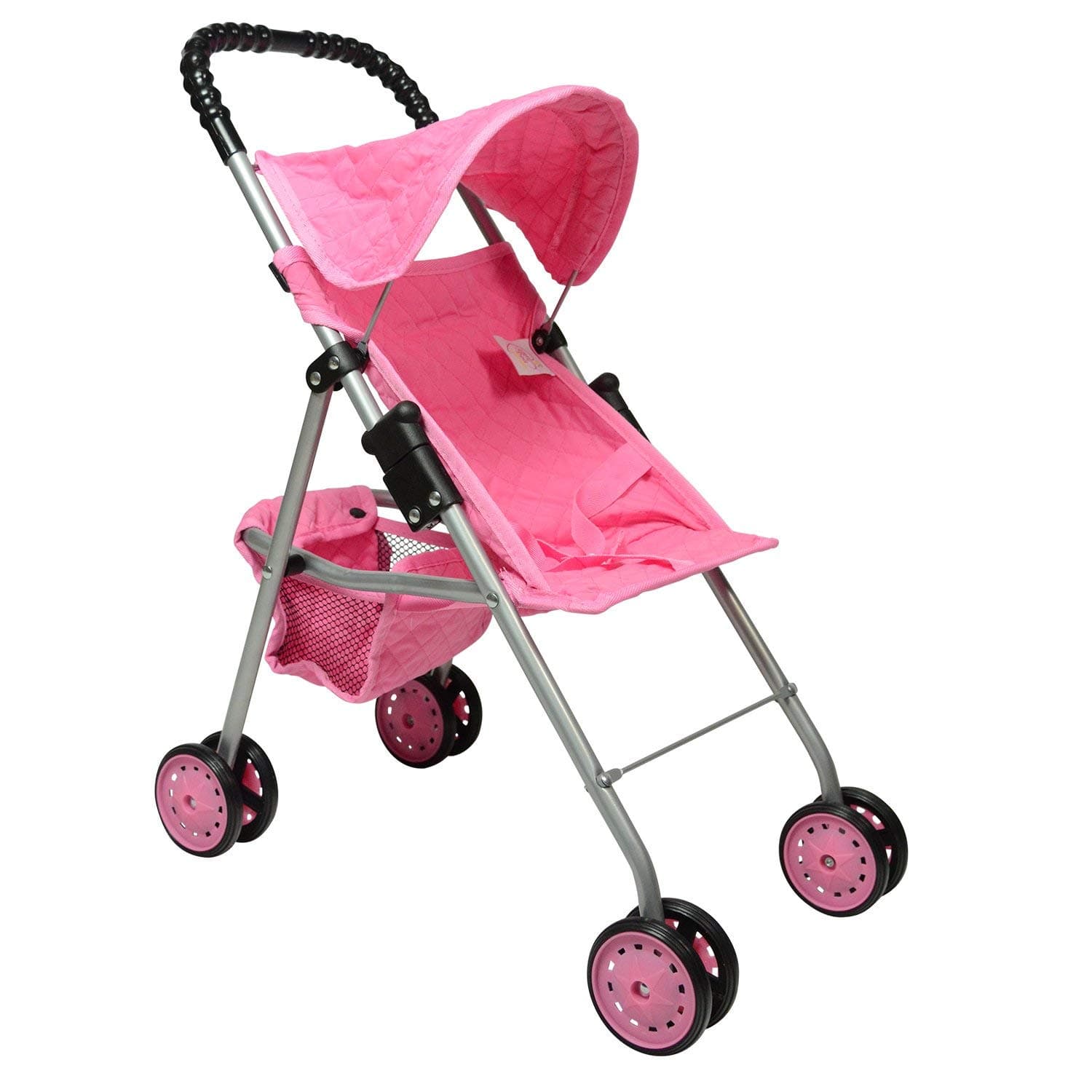 My First Doll Stroller with Basket, Foldable Doll Stroller (Pink Quilted)