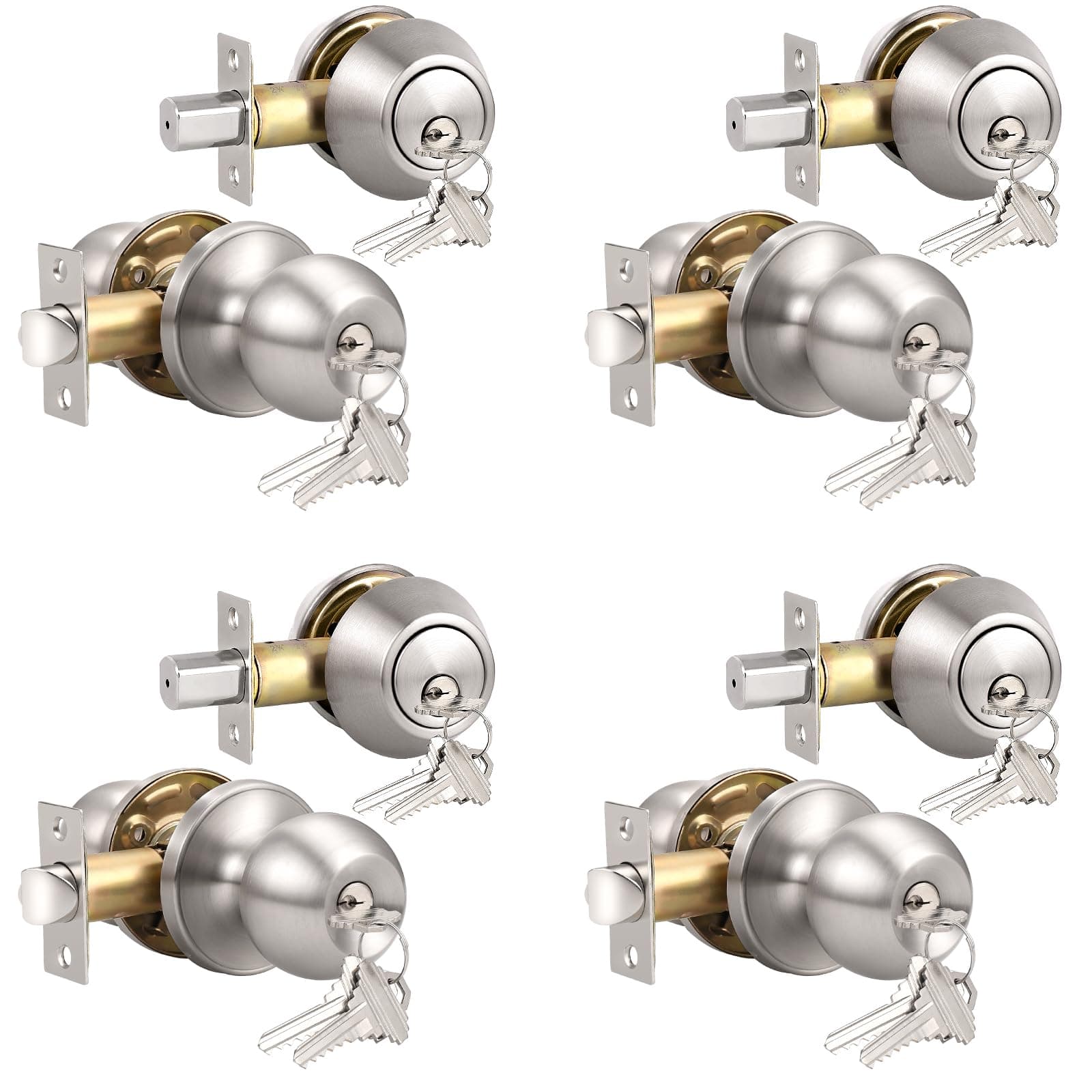 Knobonly Entry Door Knobs and Double Cylinder Deadbolt, Keyed Alike Door Handle Set with Same Keys, Combo Pack for Front Doors-Keyed on Both Side, Satin Nickel Finish, Contractor Pack of 4 Set