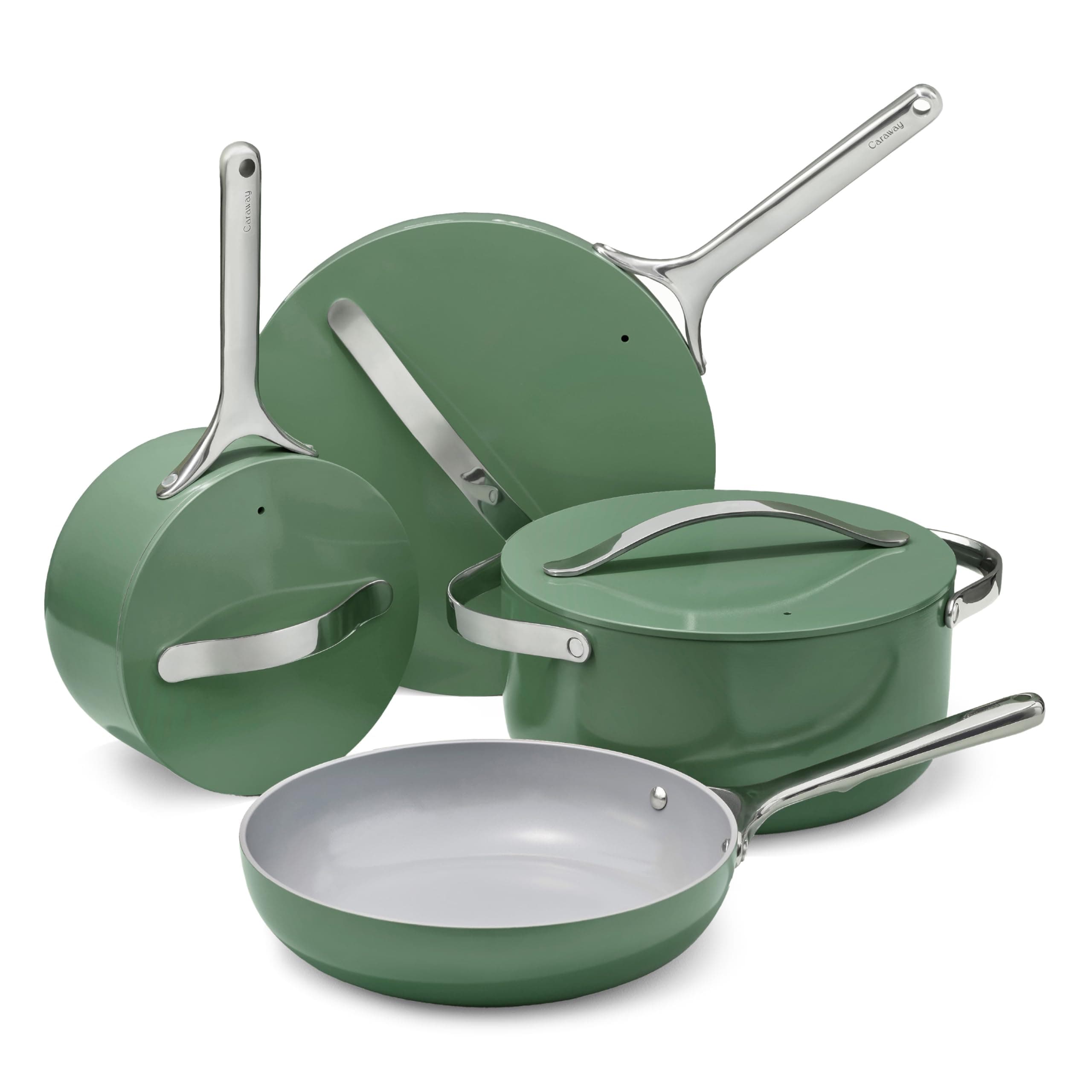 Caraway Nonstick Ceramic Cookware Set (12 Piece) Pots, Pans, Lids and Kitchen Storage - Non Toxic, PTFE & PFOA Free - Oven Safe & Compatible with All Stovetops (Gas, Electric & Induction) - Sage