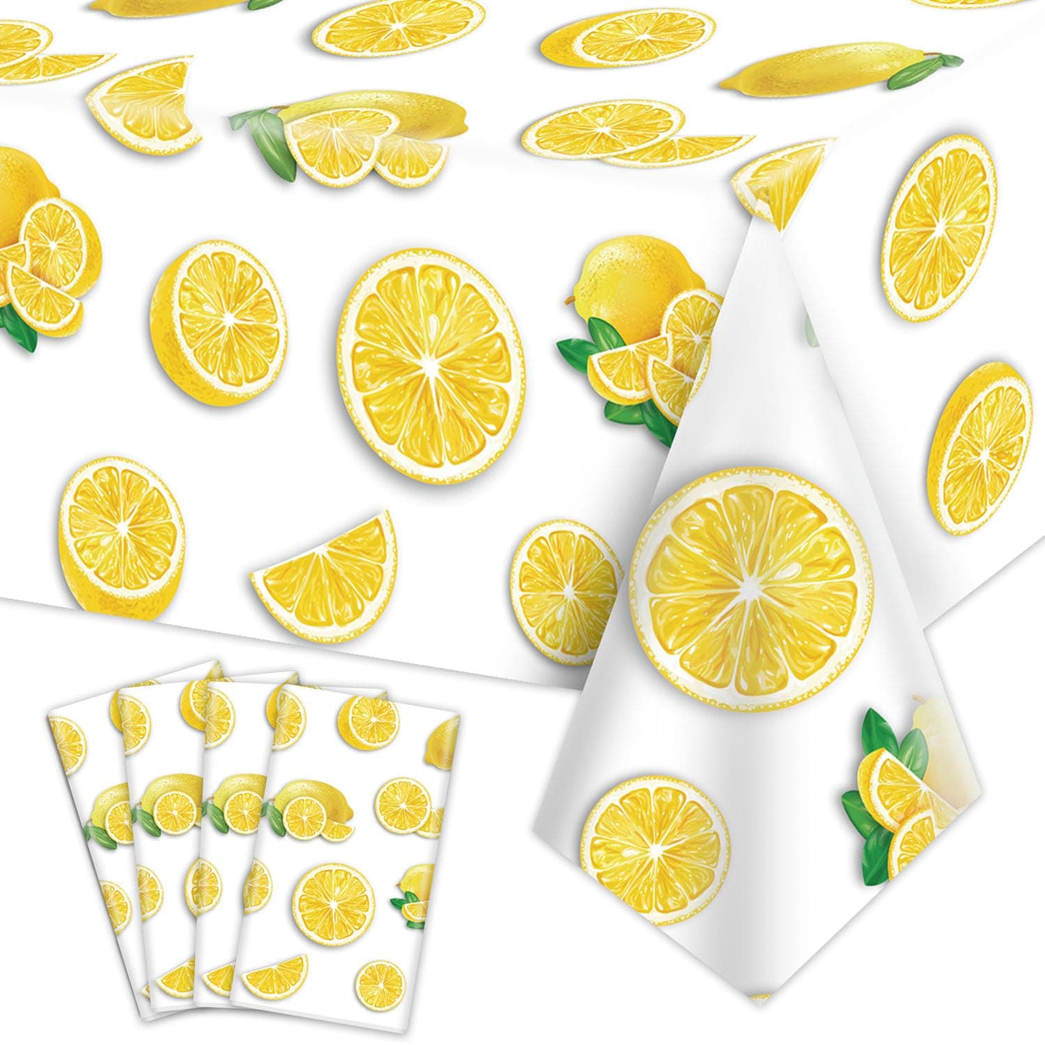 4Pcs Tablecloths, Yellow Tablecloth Plastic, Rectangular Lemonade Stand Supplies for Kids Birthday Baby Shower Summer Fruit Decorations, 86 x 51 Inch