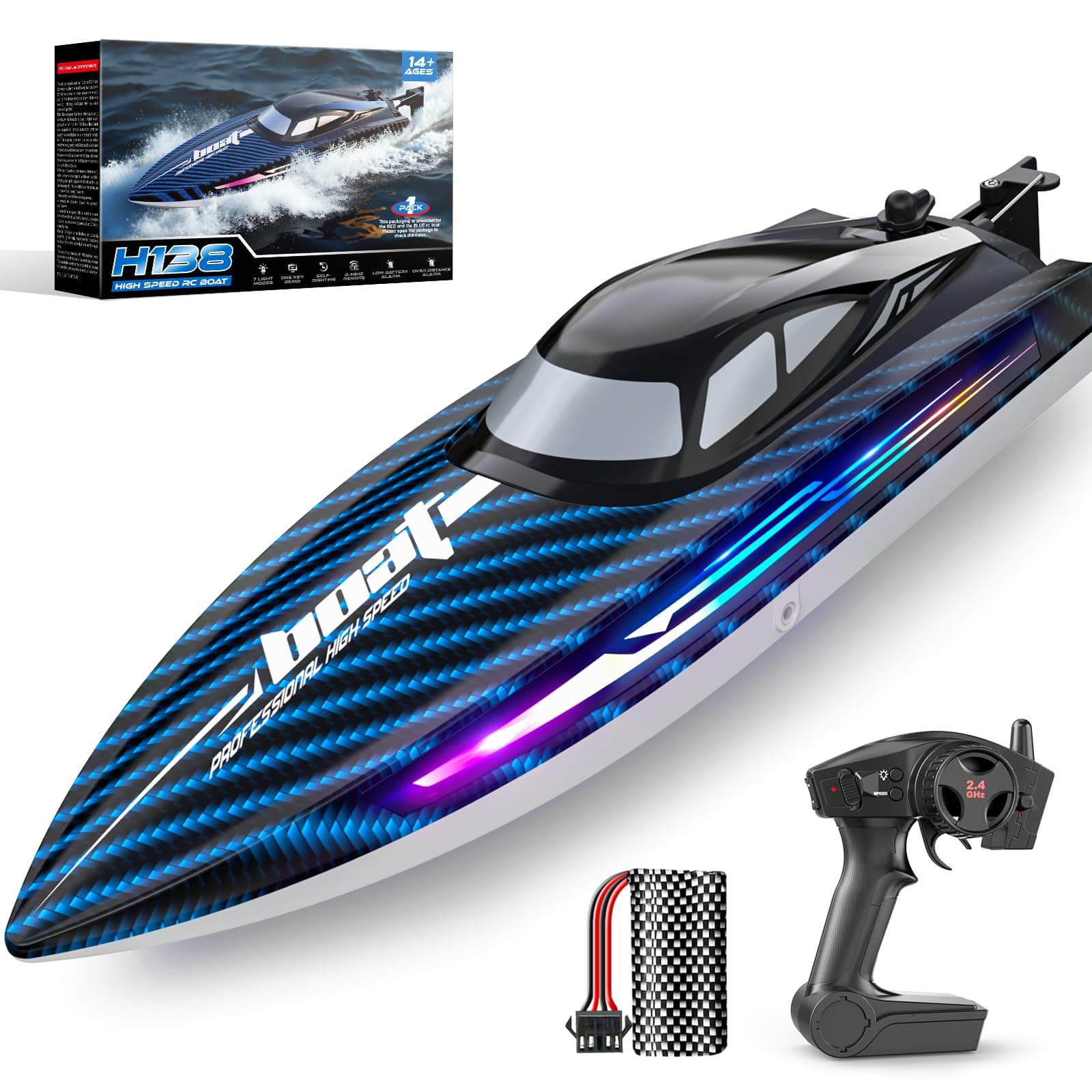30KMH RC Remote Control Boat with 7 LED Light Modes Waterproof Electric Fast Speed Boat for Adults Kids 8-12 Lake Pool Water Play,Self-righting,Demo,Water Cooling,20Mins,Low Battery Alert,2.4Ghz,Blue
