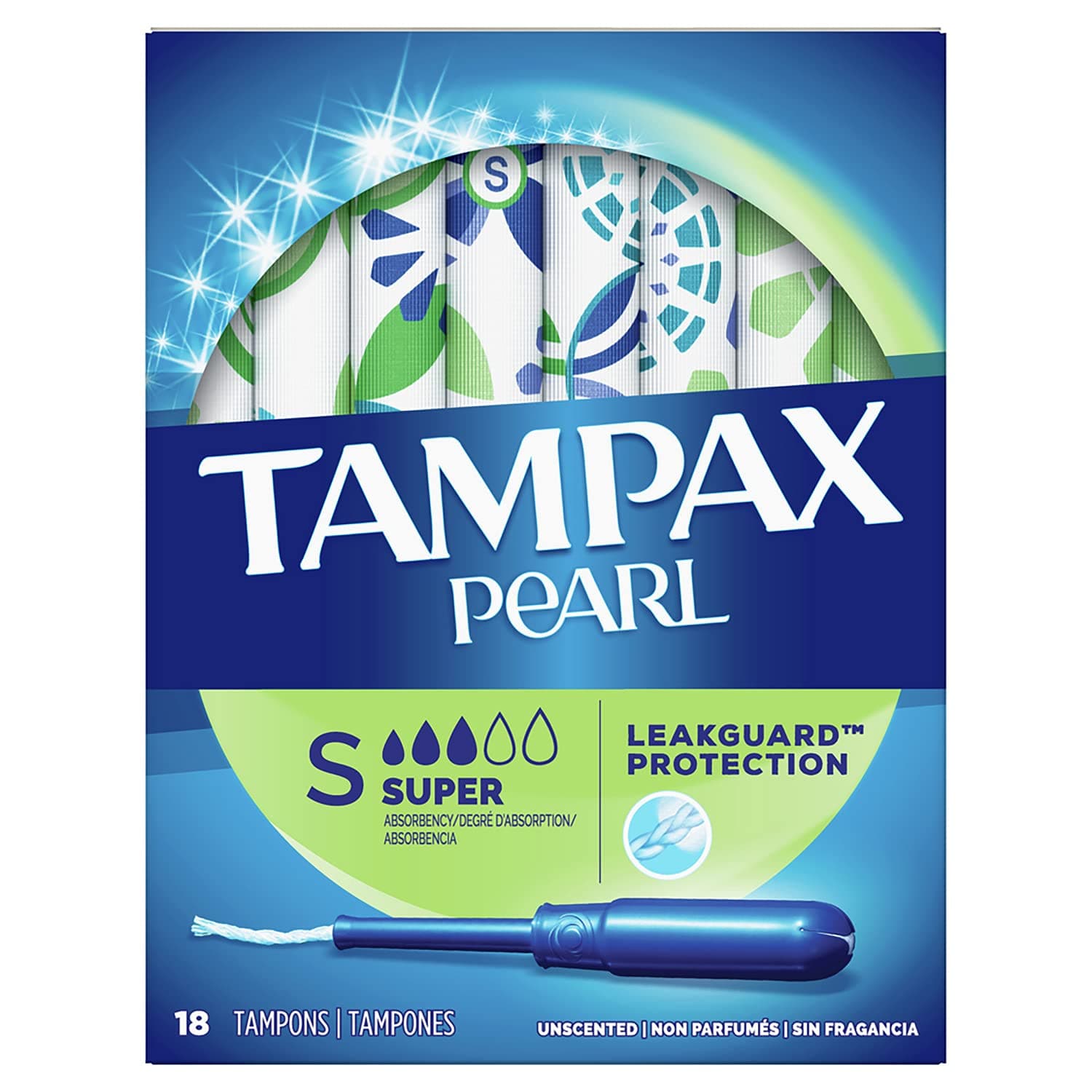 Pearl Plastic, Super Absorbency, Unscented Tampons, Multicolor, 18 Count