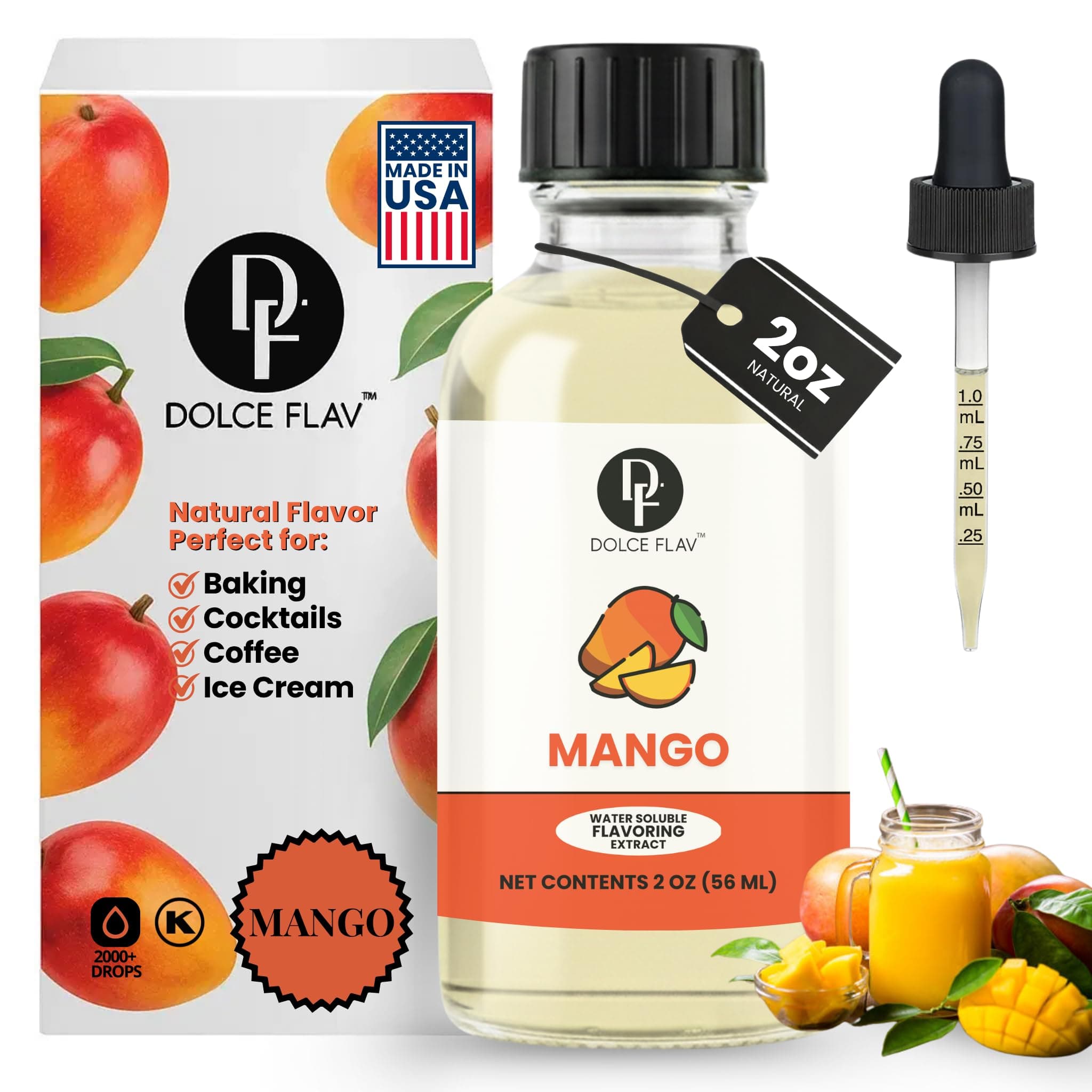 Dolce Flav Mango Extract - 2 Ounce Water-Soluble Multipurpose Flavoring Ideal for Baked Goods, Beverages, Coffee, Desserts & Ice Cream - Mango Essence Perfect for Weight Management