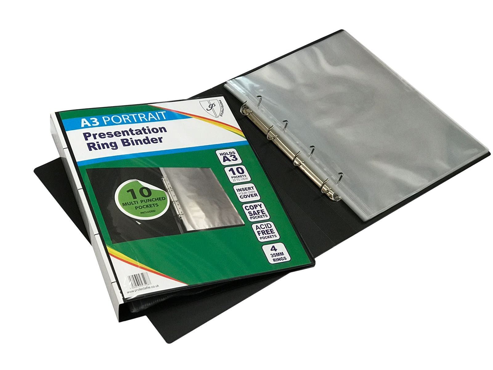 Protectafile A3 Deluxe Portrait 4-D Ring Binder Folder File Art Black Presentation Portfolio + 10 Sleeves (5)