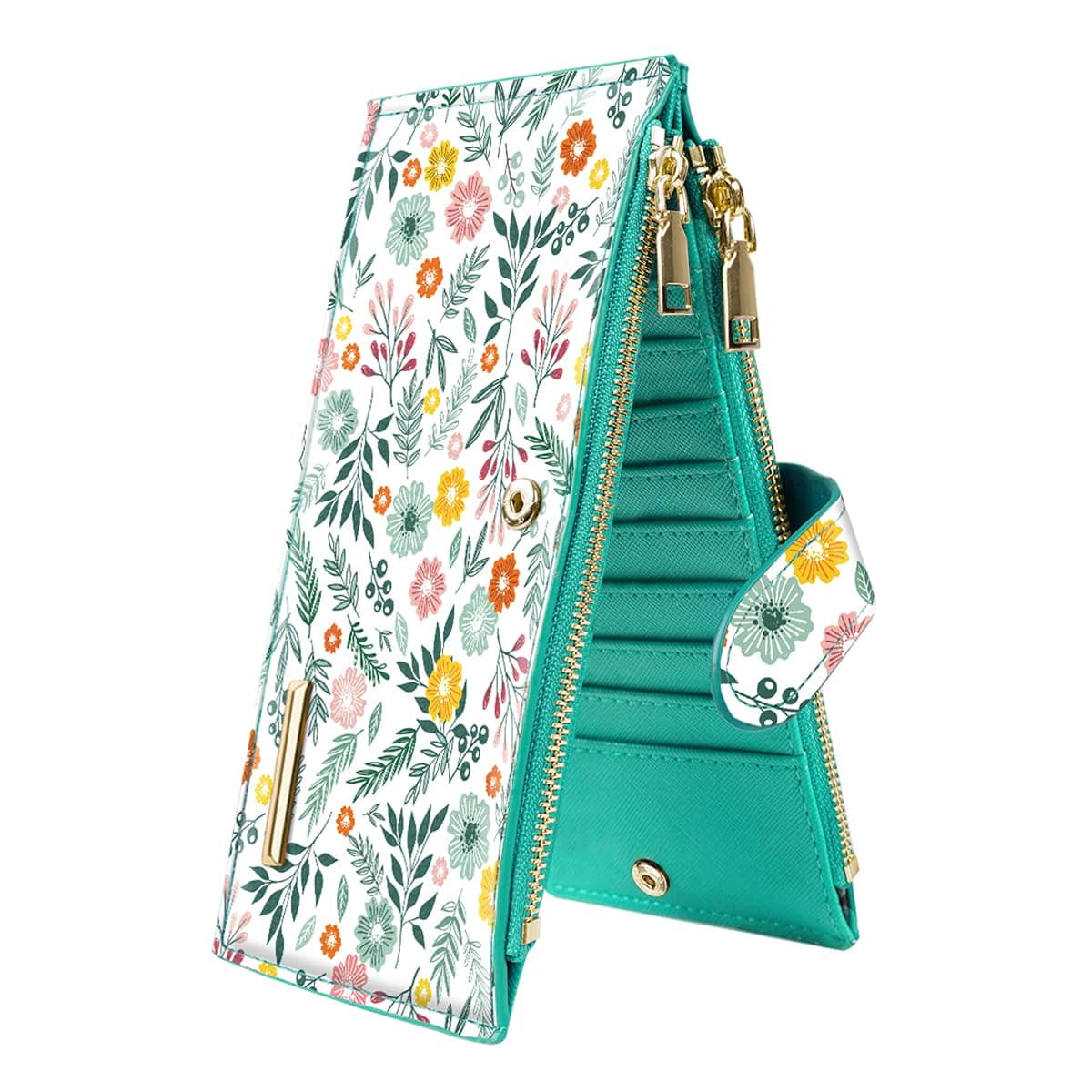 Womens RFID Blocking Large Capacity Wallet Multi Card Organizer Bifold Wallet for Women with Zipper Pocket，Green Daisy