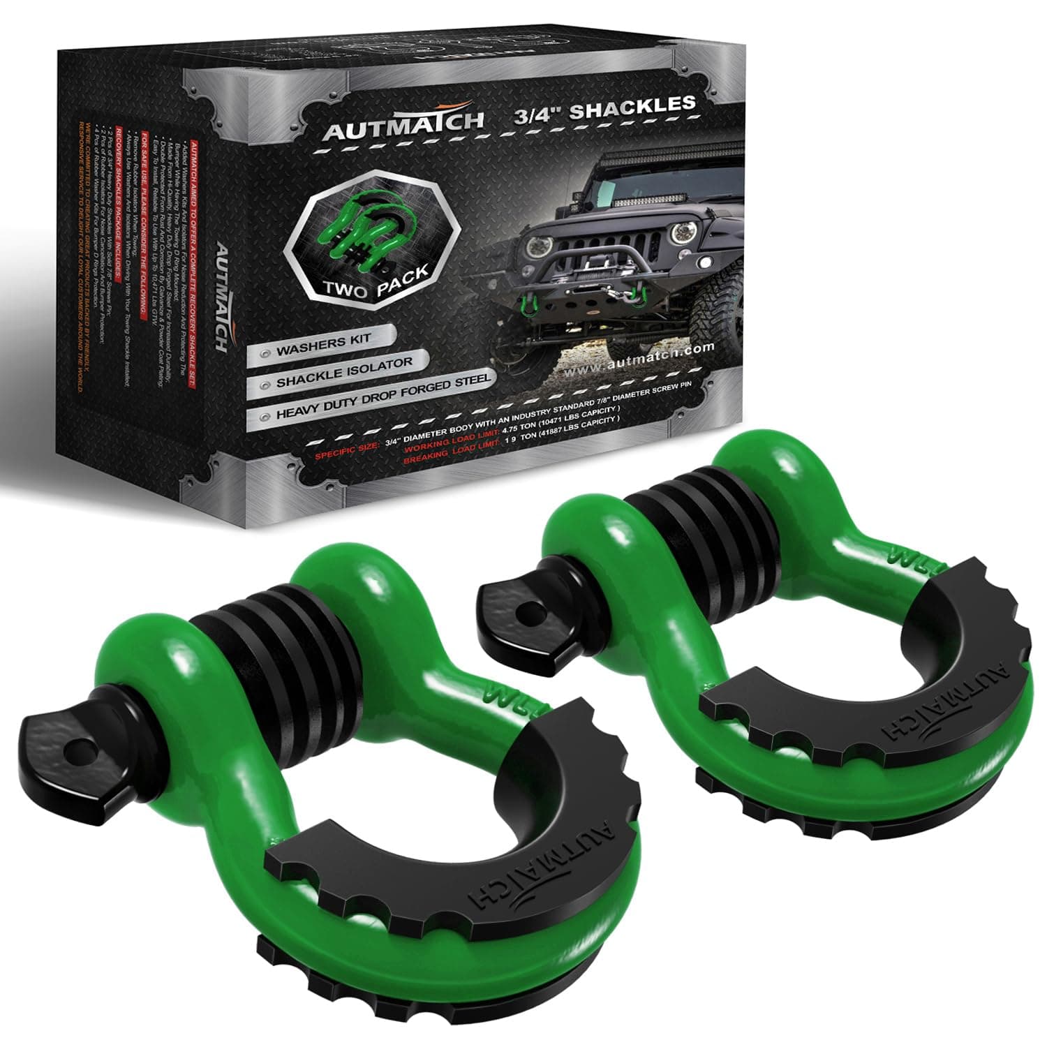 AUTMATCH D Ring Shackle 3/4" Shackles (2 Pack) 41,887Ibs Break Strength, Clevis Shackle with 7/8" Screw Pin and Shackle Isolator Washer Kit for Tow Strap Winch Off Road Vehicle Recovery, Dark Green