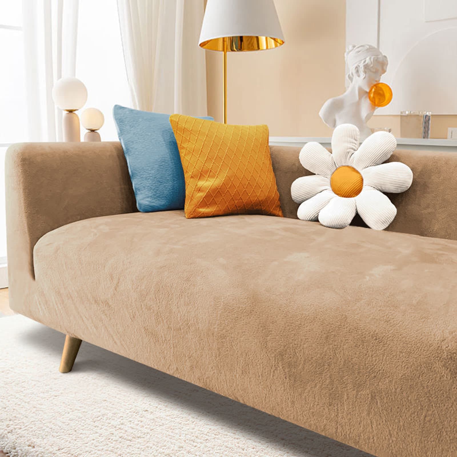 Velvet Sofa Slipcover High Stretch Plush Couch Covers Luxury Thick Soft Sofa Cover Washable Furniture Protector,Couch Covers for Dogs,Pets,Kids,Khaki,3-Seater(190-230cm/75-91inch)