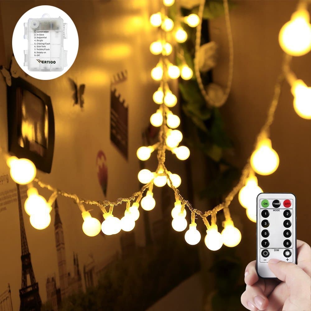 WERTIOO Globe String Lights Battery Operated – 33ft 100 LED Globe Lights with Remote, 8 Modes & Timer – Warm White String Lights for Bedroom, Christmas Tree, Garden, Tent, Camping, Indoor & Outdoor
