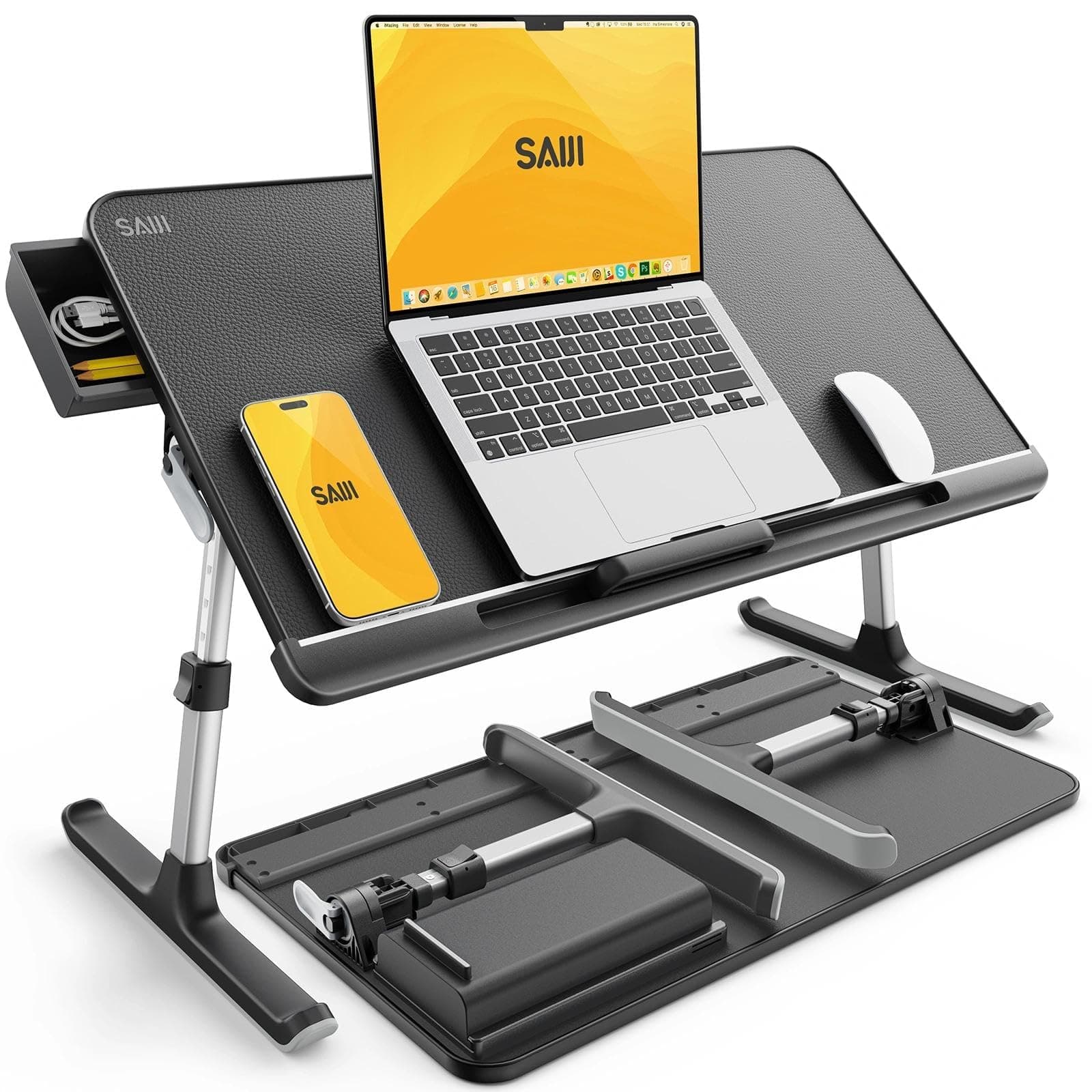 Laptop Bed Tray Table - 23.6" x 13" Adjustable Portable Standing Desk with Storage Drawer, Foldable Lap Desk Fits 17" Laptop, PVC Leather for Couch Sofa (Dark Black)