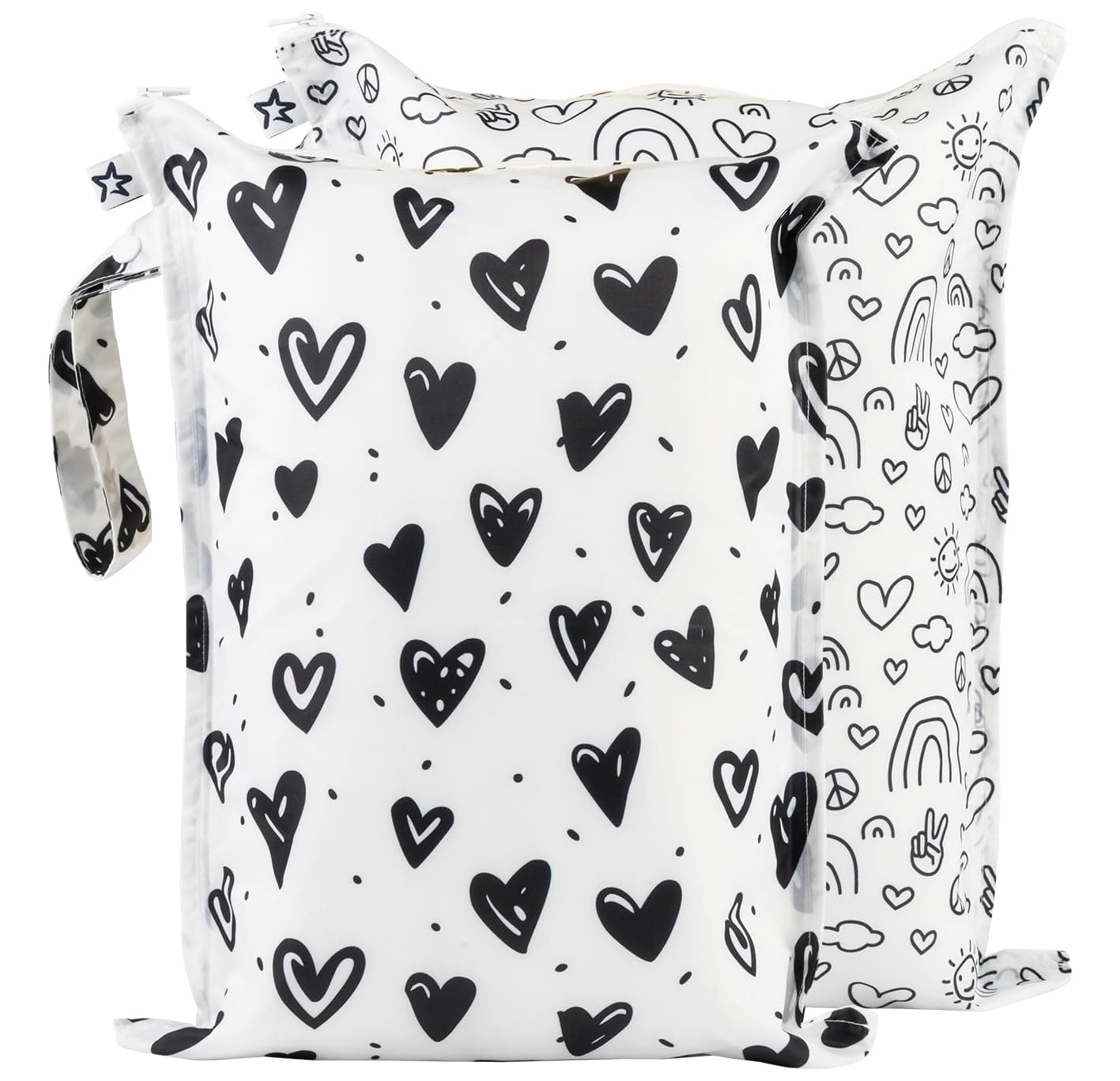 Tiny Twinkle Mess-proof Wet Bags 2 Pack Waterproof and Washable Bag for Travel storage, Stroller, Daycare, Baby Diapers, Yoga, Beach, Pool, Wet Toddler Swimsuits (Black,White)