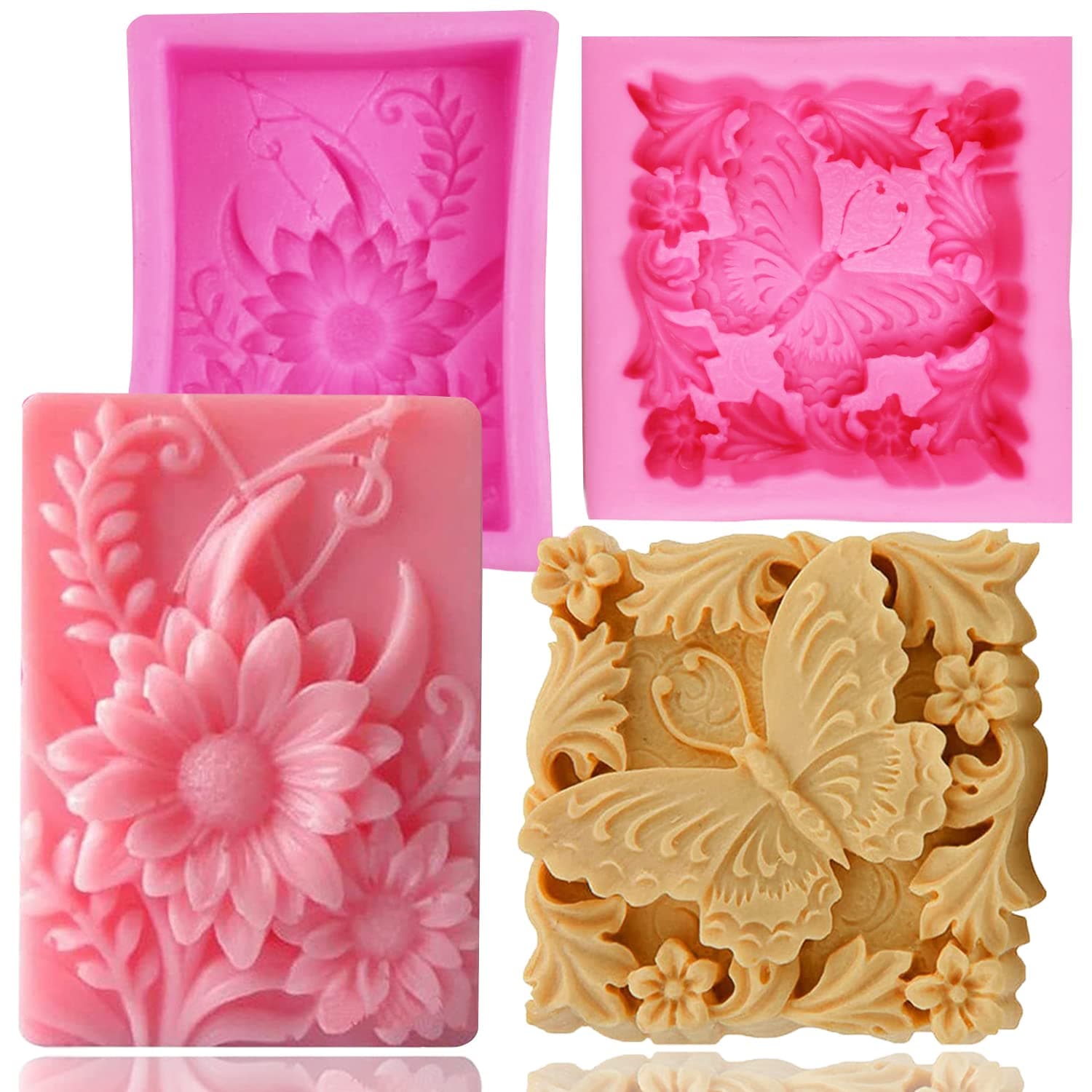 Silicone Soap Molds, AIDOIT 2 Pack Butterfly Flower Soap Molds 3D Floral Silicone Mold for Handmade Soap DIY Candle Craft Chocolate Biscuit Cake Muffin