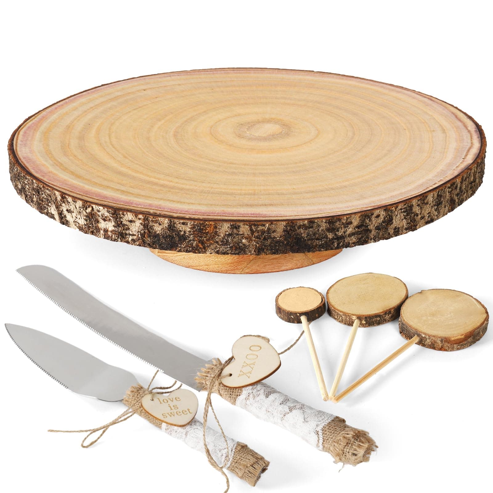 Customizable 12 Inch Rustic Wood Cake Stand Set with Bark Edge, Cake Knife & Server + Blank Wood Slice Topper — Cake Display for Weddings, Birthdays, Showers & Holiday Celebrations