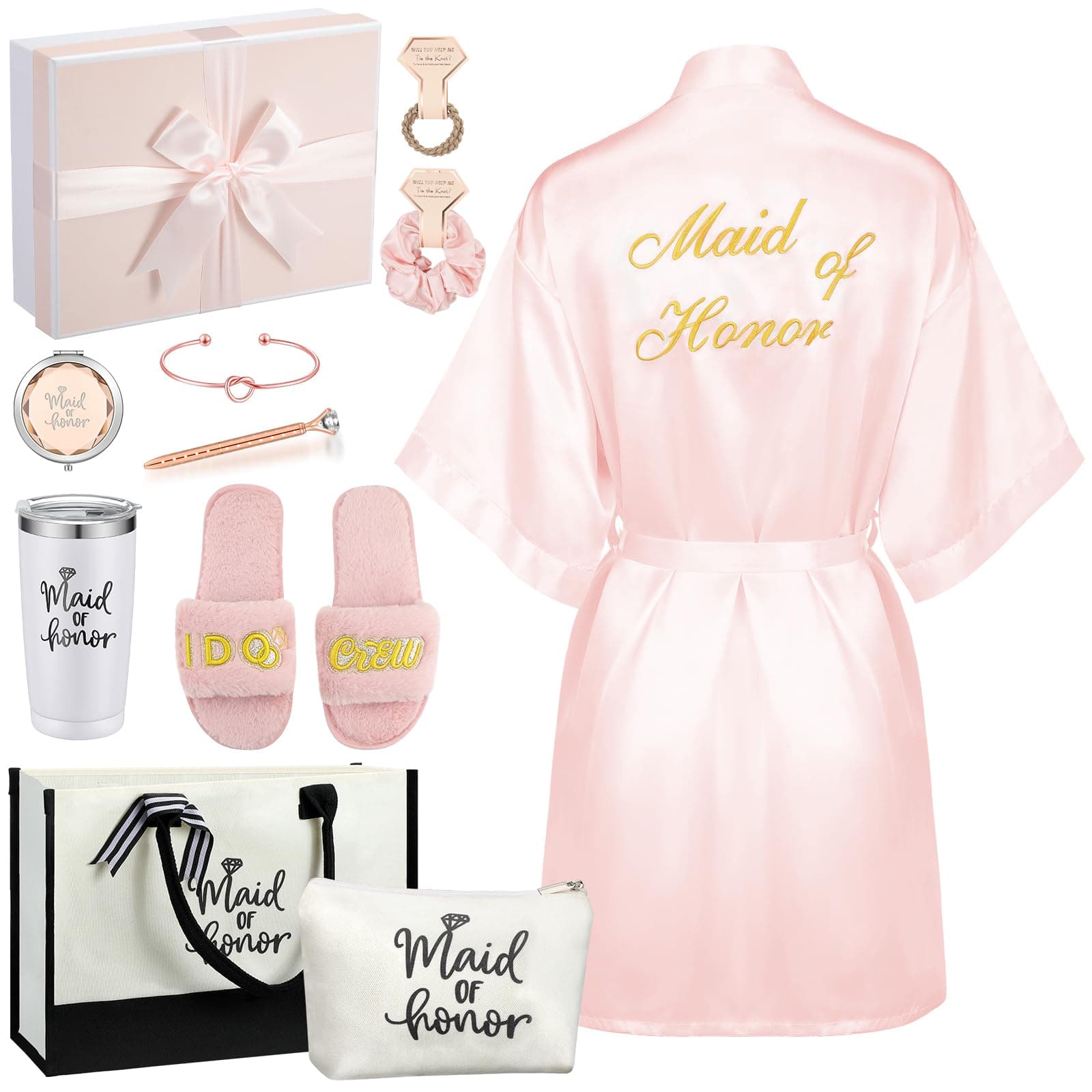 Berlune 14 Pcs Bride Gifts Box Sets Include Short Satin Robes Canvas Tote Bag Stainless Steel Glasses Slippers Wedding Gifts