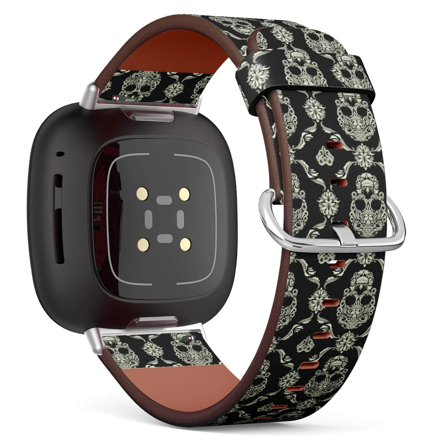 Q-Beans Replacement Leather Watch Band, Compatible with Fitbit Versa 3/4 and Fitbit Sense/Sense 2 - Skull Ornamental Pattern